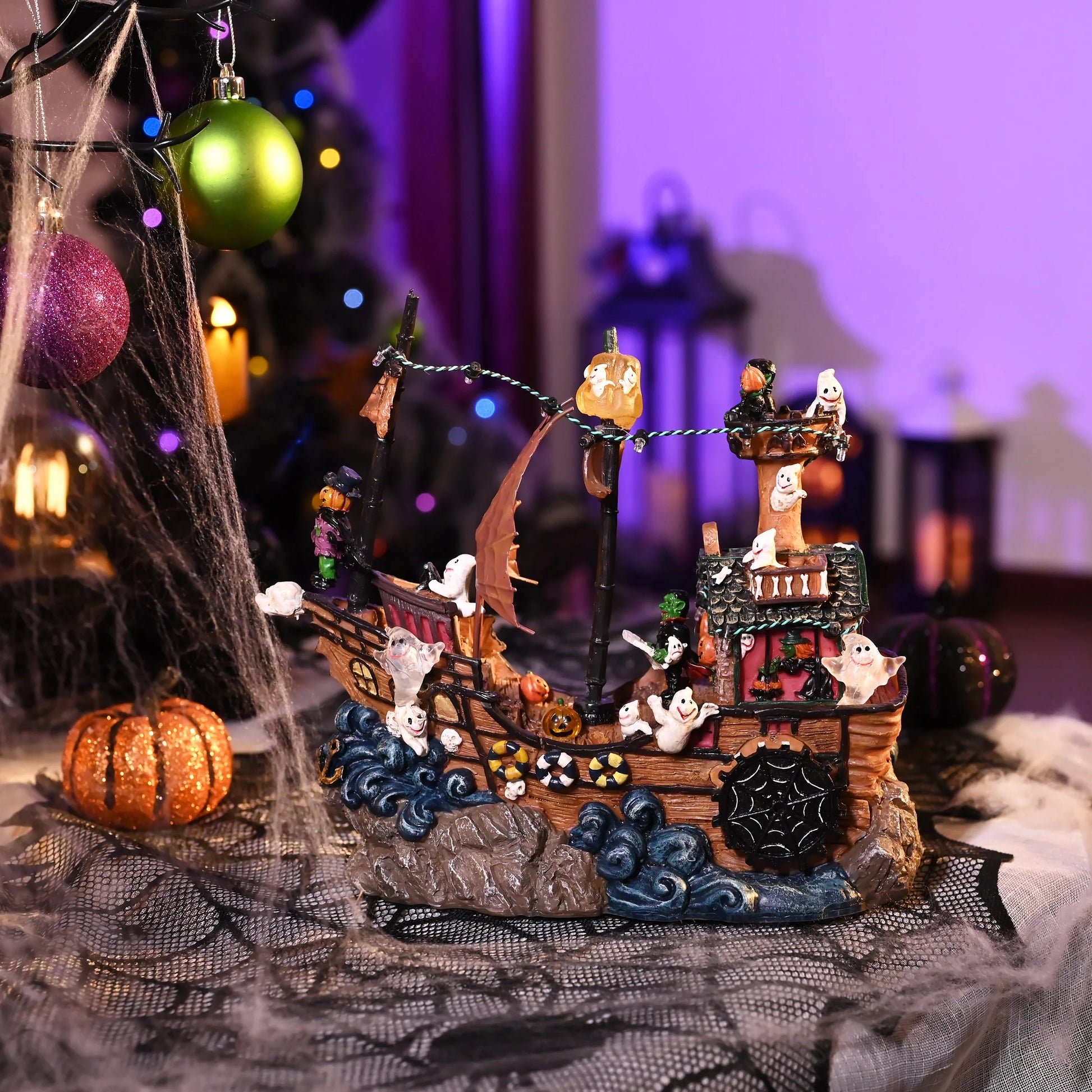 8.86 Inches Lighted Spooky Halloween Pirate Ship Figurine Halloween Haunted House with Ghosts, Pumpkins, Witch and Music, Halloween Village for Party Decor