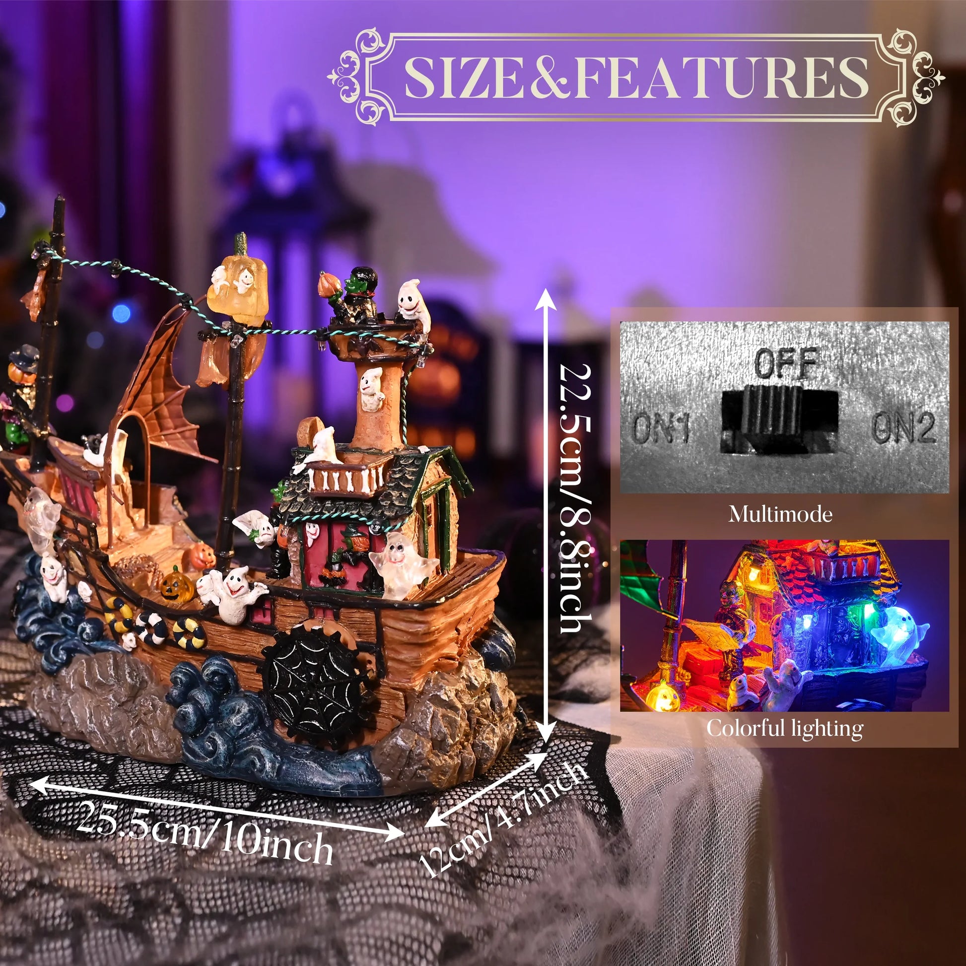 8.86 Inches Lighted Spooky Halloween Pirate Ship Figurine Halloween Haunted House with Ghosts, Pumpkins, Witch and Music, Halloween Village for Party Decor