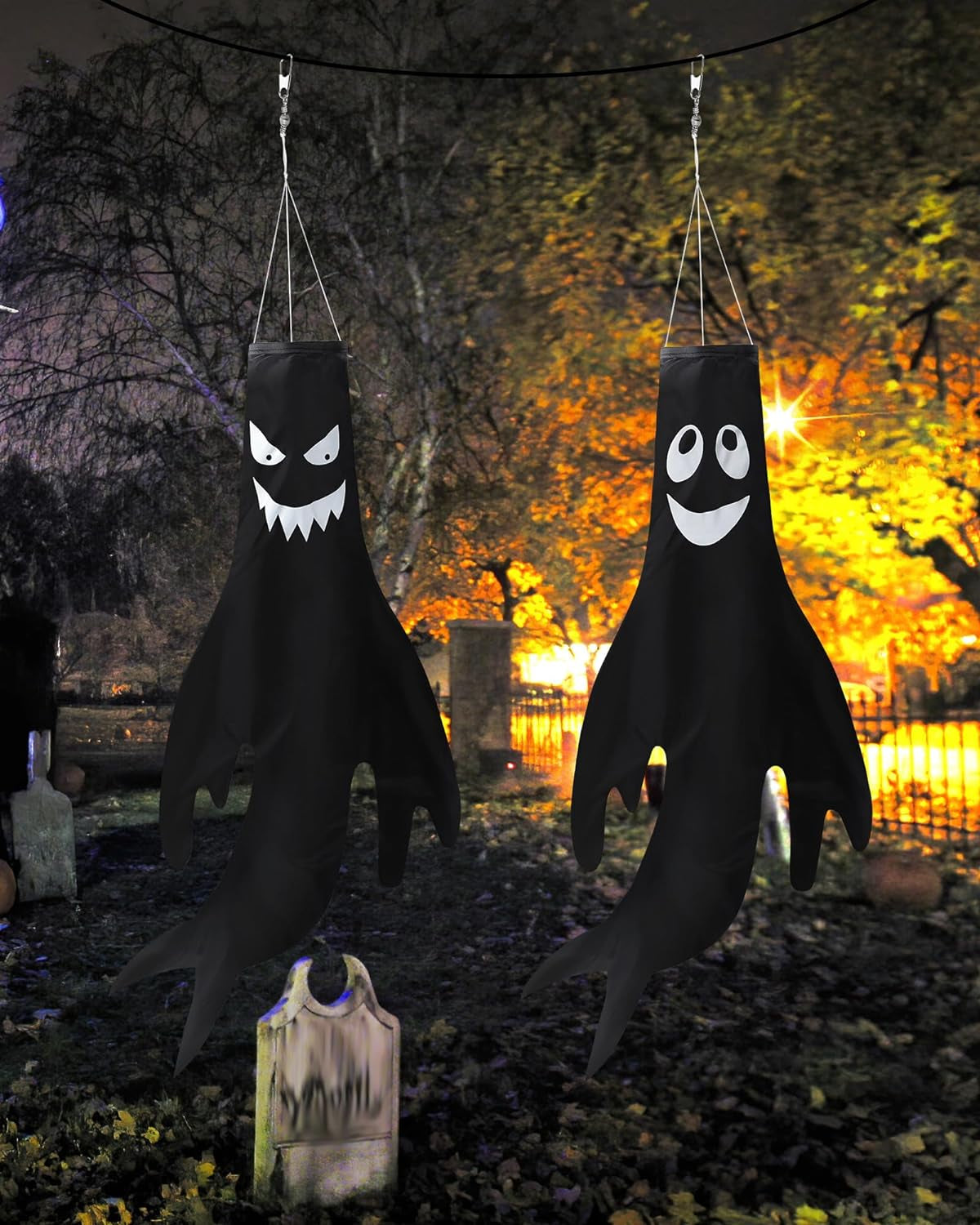 4 Pieces 43 Inch 18 Inch Halloween Ghost Decorations Halloween Ghost Windsocks Halloween Decorations for Home Halloween Decor Halloween Decorations outside for Party Supplies (Black Background)