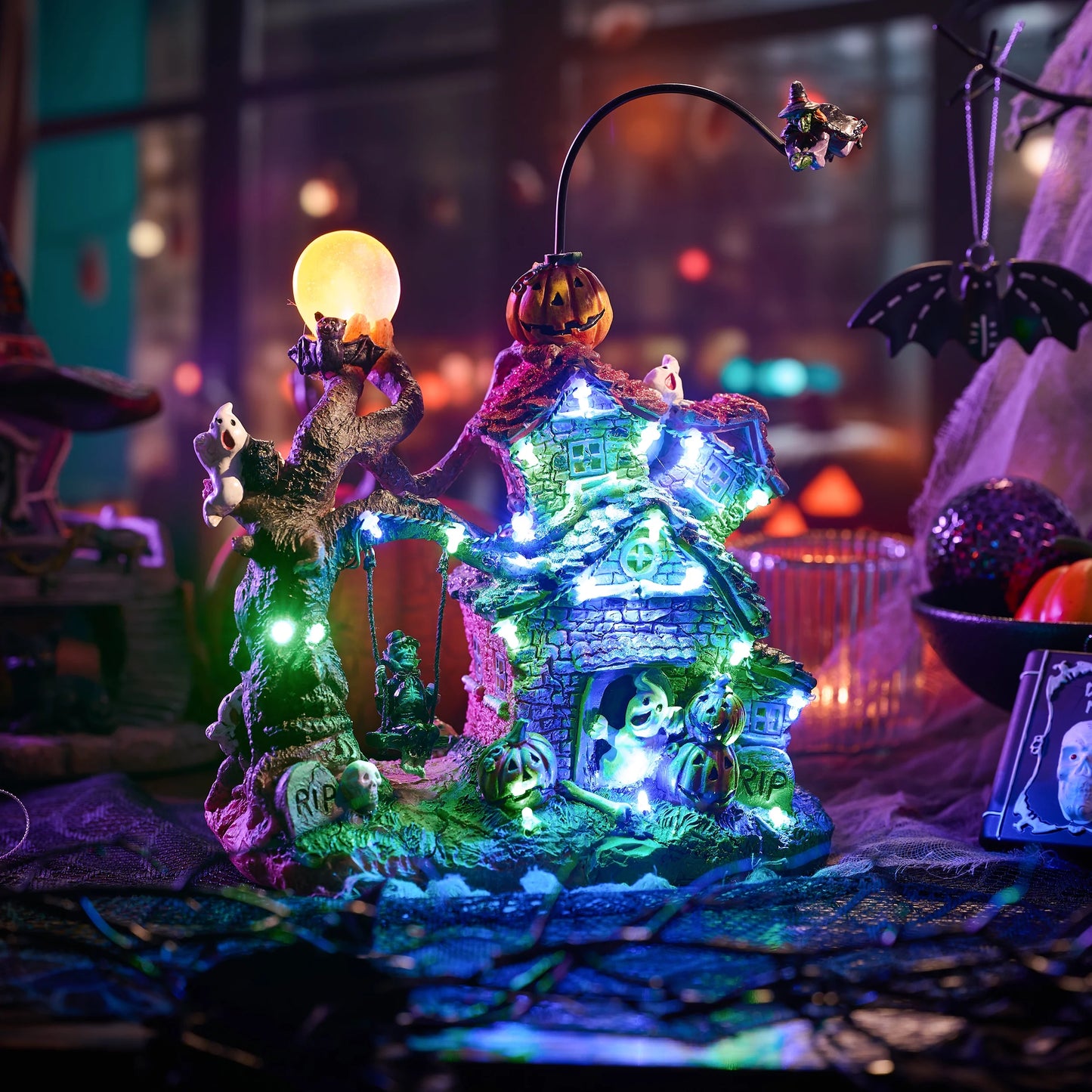 8.86 Inches Lighted Spooky Halloween Pirate Ship Figurine Halloween Haunted House with Ghosts, Pumpkins, Witch and Music, Halloween Village for Party Decor