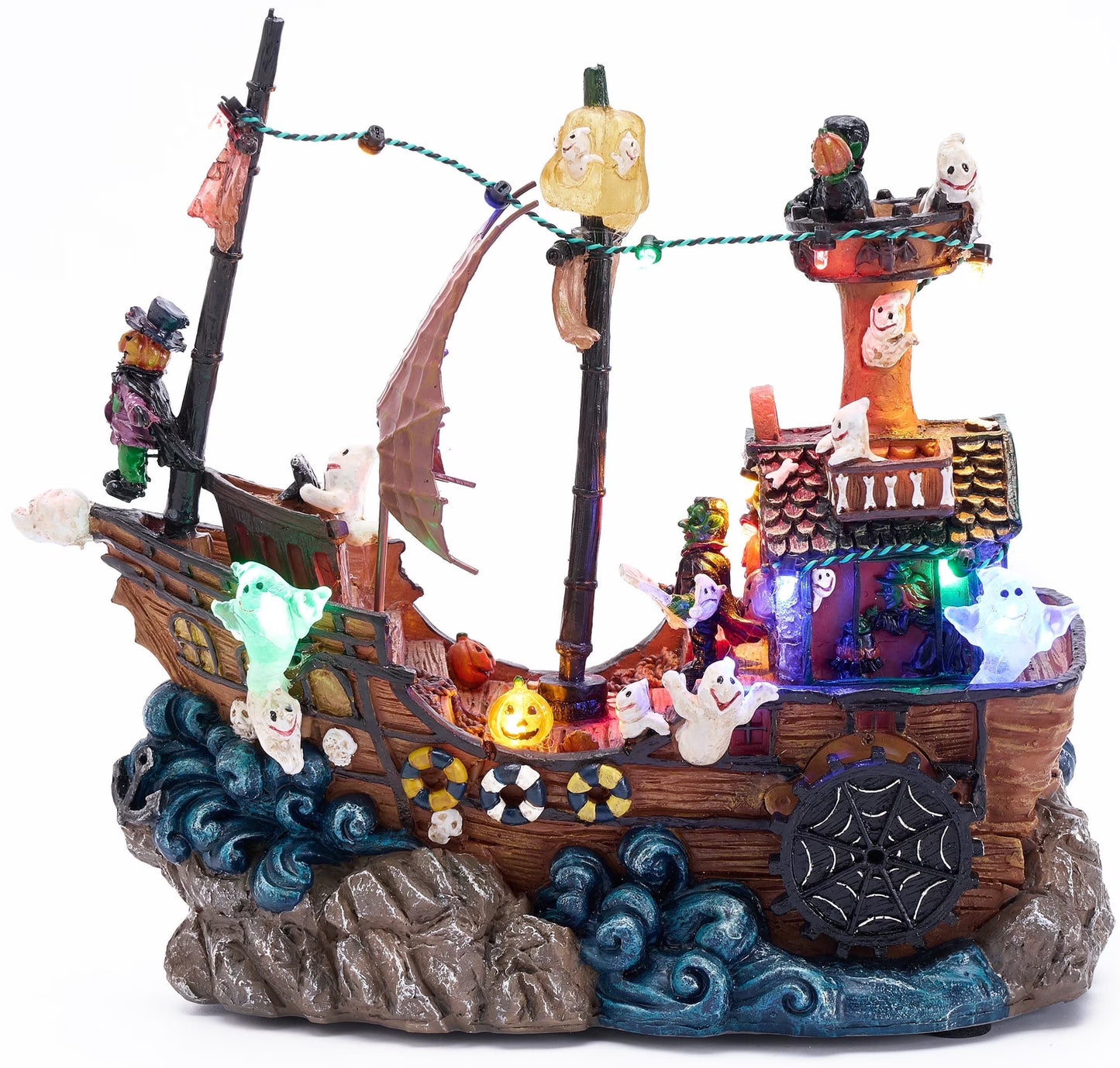 8.86 Inches Lighted Spooky Halloween Pirate Ship Figurine Halloween Haunted House with Ghosts, Pumpkins, Witch and Music, Halloween Village for Party Decor