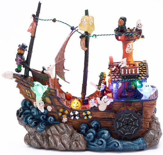 8.86 Inches Lighted Spooky Halloween Pirate Ship Figurine Halloween Haunted House with Ghosts, Pumpkins, Witch and Music, Halloween Village for Party Decor