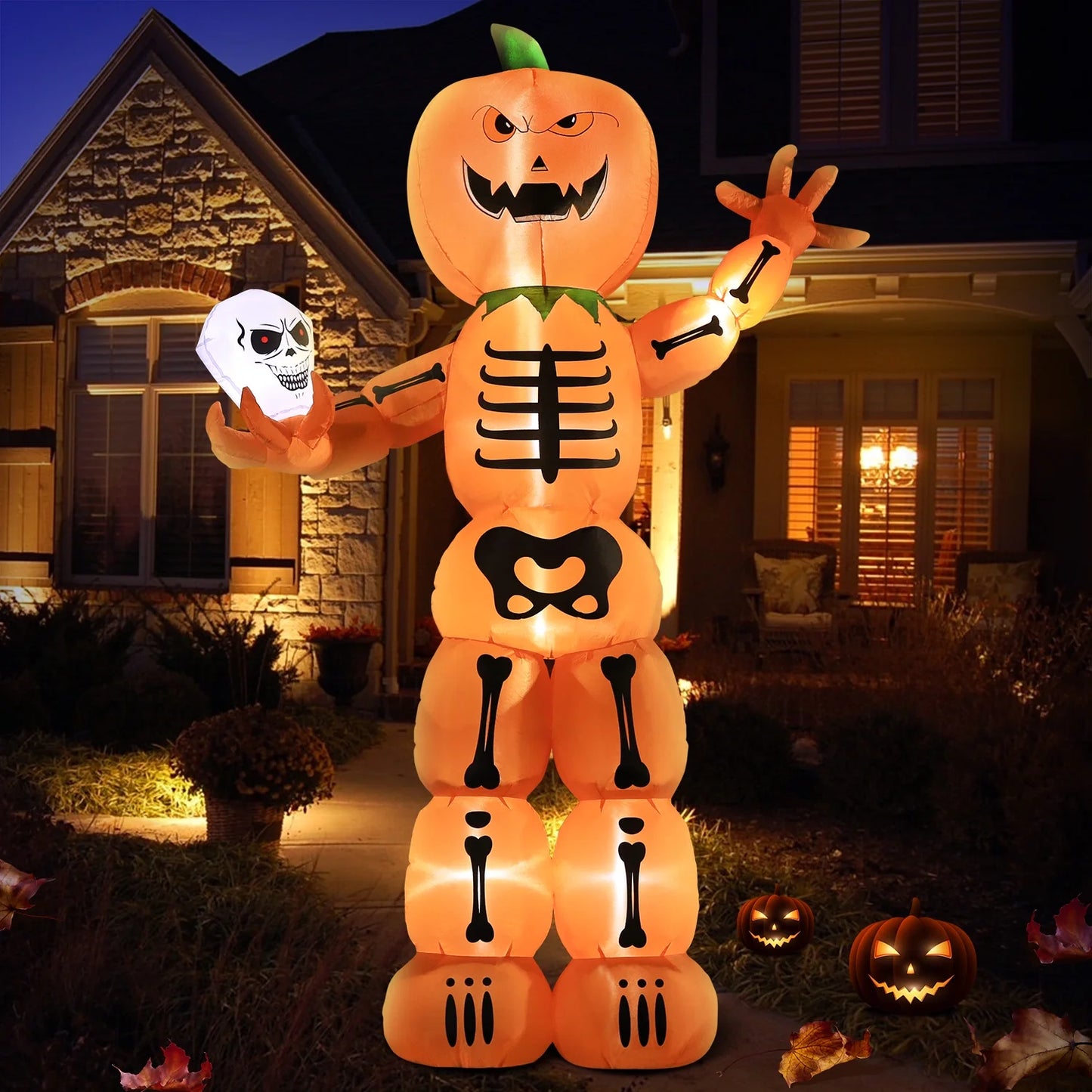 8' Halloween Inflatable Skeleton Pumpkin Decorations, Blow up Decor with Leds Outdoor