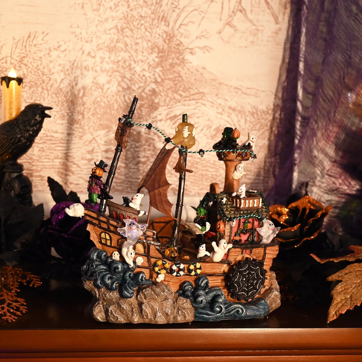 8.86 Inches Lighted Spooky Halloween Pirate Ship Figurine Halloween Haunted House with Ghosts, Pumpkins, Witch and Music, Halloween Village for Party Decor