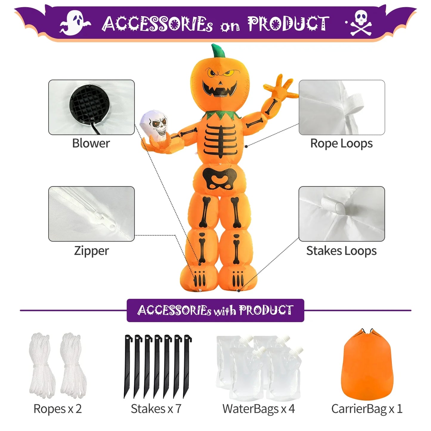 8' Halloween Inflatable Skeleton Pumpkin Decorations, Blow up Decor with Leds Outdoor