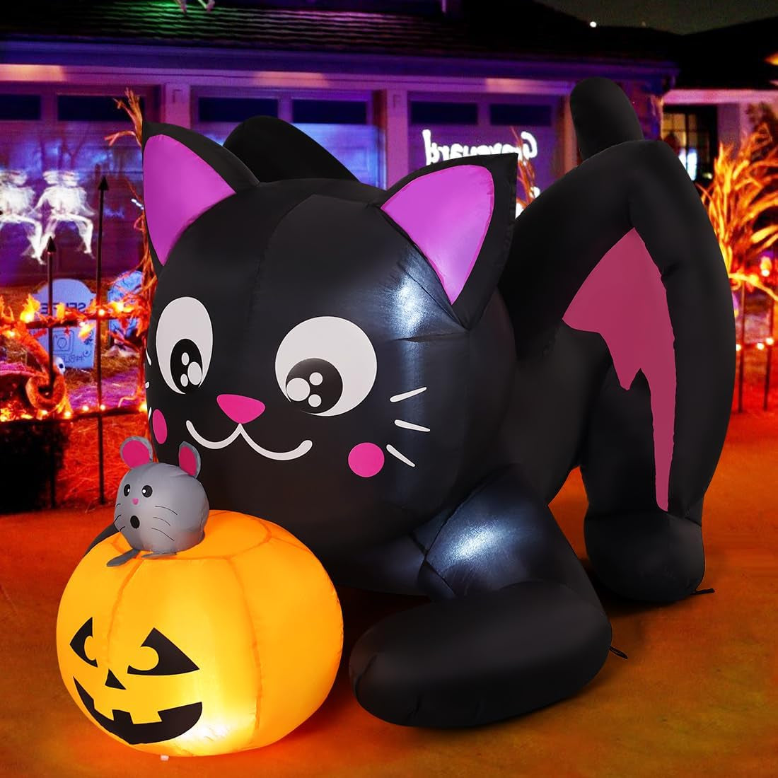 5 FT Halloween Inflatable Cat and Pumpkin with LED for Outdoor Decor