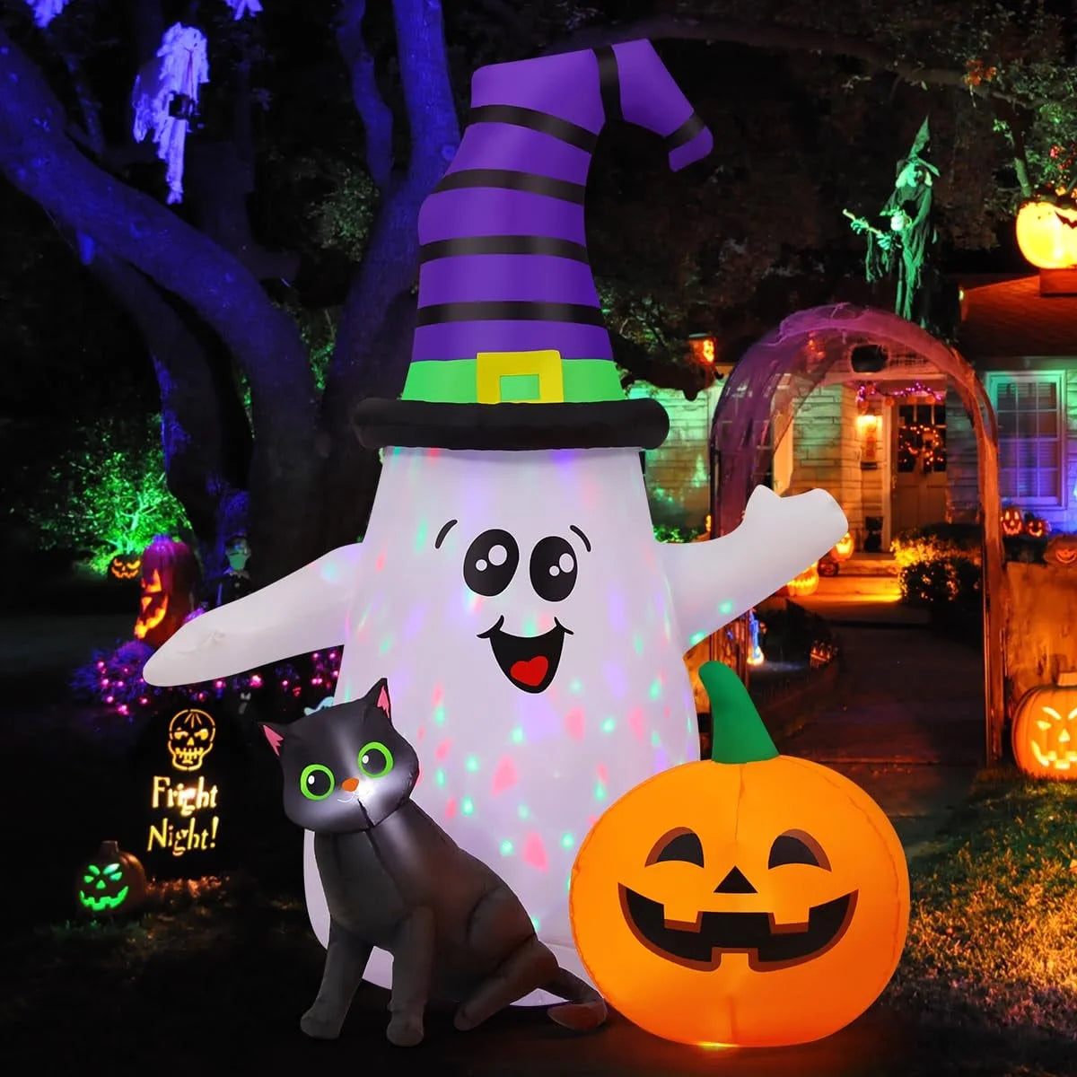 Halloween Inflatables 5 FT Halloween Ghost Inflatable with LED Lights, Cute Ghost Blow up with Wizard Hat Pumpkin Black Cat, Outdoor Halloween Decorations for Halloween Holiday Indoor Outdoor