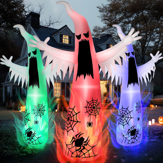Giant 12Ft Halloween Ghost Inflatable - Eye-Catching Outdoor Decoration with Colorful Flashing Lights and Flame Effects! Perfect for Spooky Yard Displays!