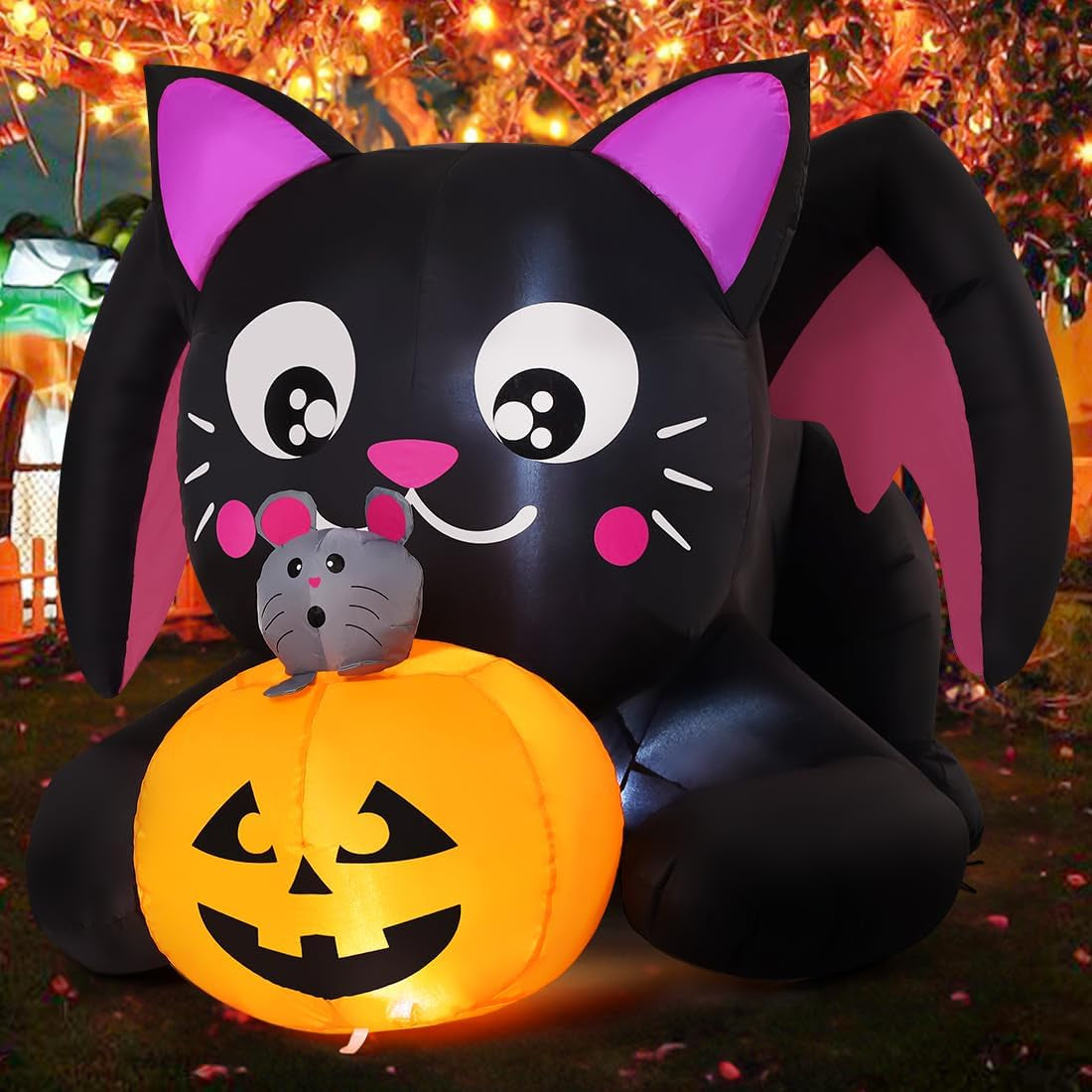 5 FT Halloween Inflatable Cat and Pumpkin with LED for Outdoor Decor
