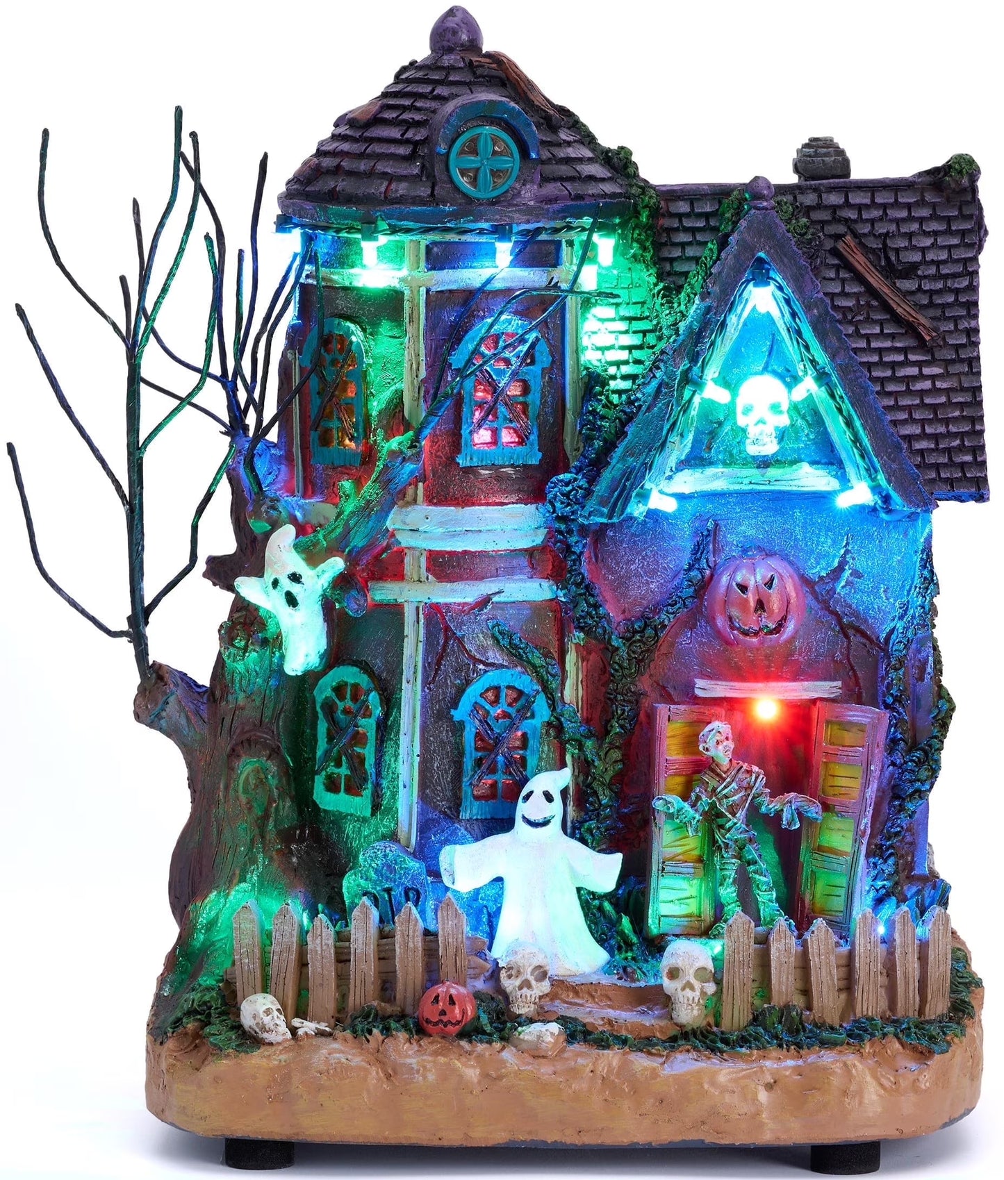 10.24 Inches Musical Halloween Village Colorful Lighted Halloween House with Mummies Ghosts & Haunted Tree for Indoor Fireplace Hallways