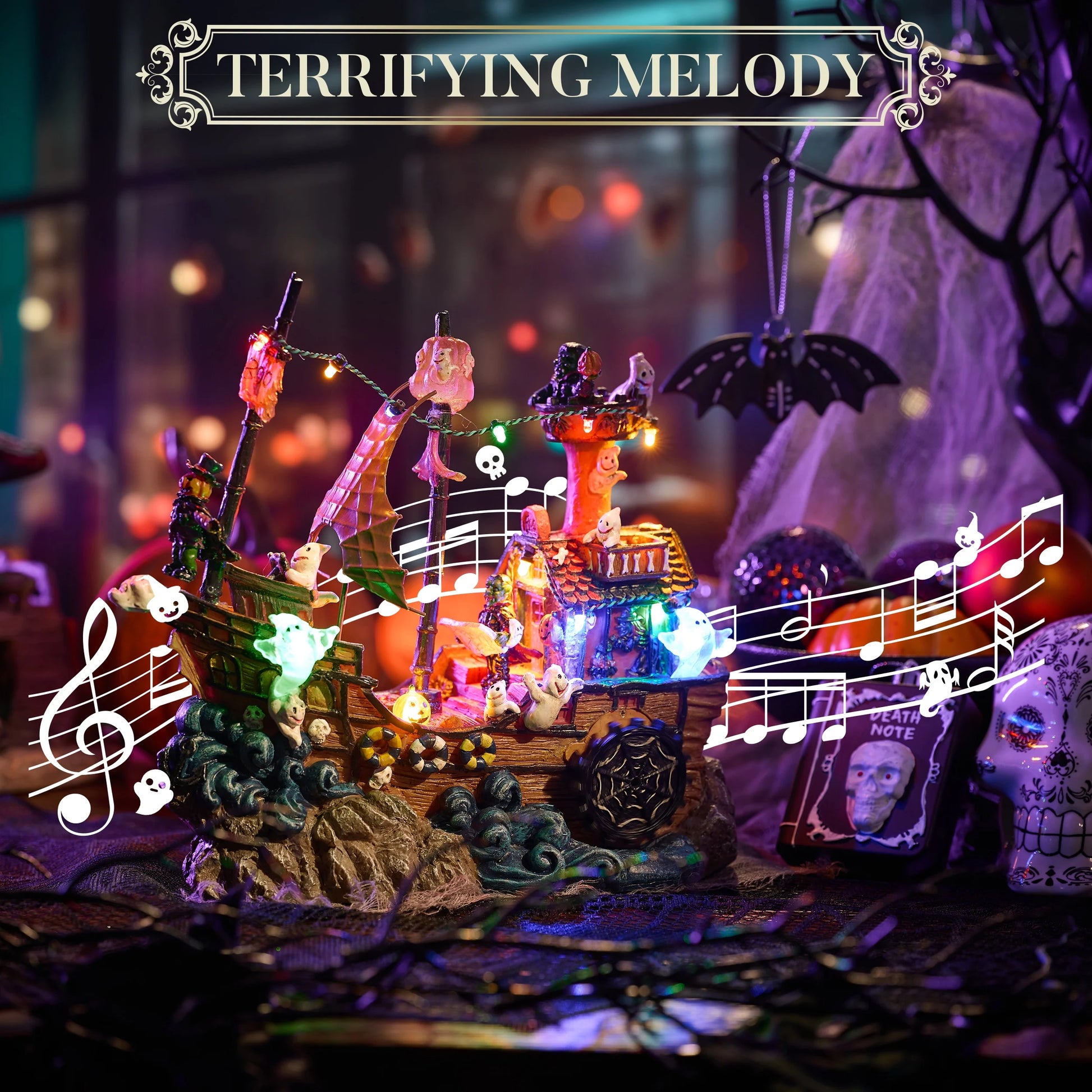 8.86 Inches Lighted Spooky Halloween Pirate Ship Figurine Halloween Haunted House with Ghosts, Pumpkins, Witch and Music, Halloween Village for Party Decor