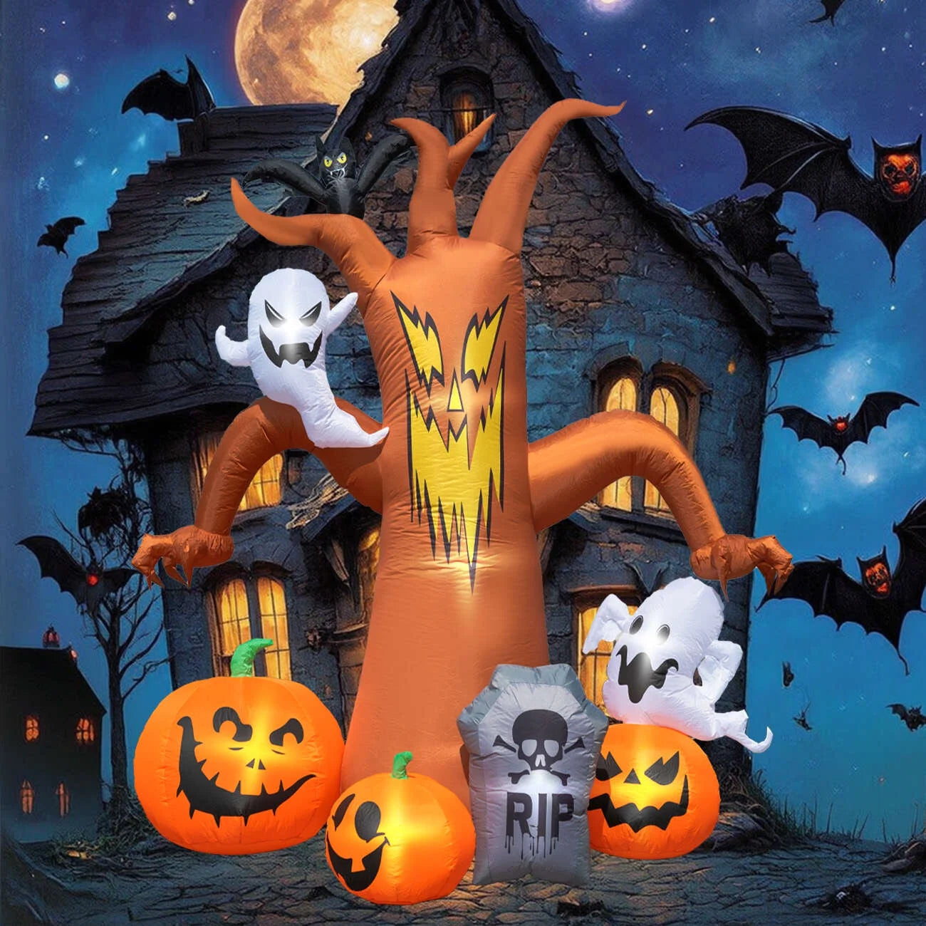 8Ft LED Halloween Inflatable Dead Tree with Pumpkin & Ghost - Perfect Outdoor Decoration for Spooky Season!