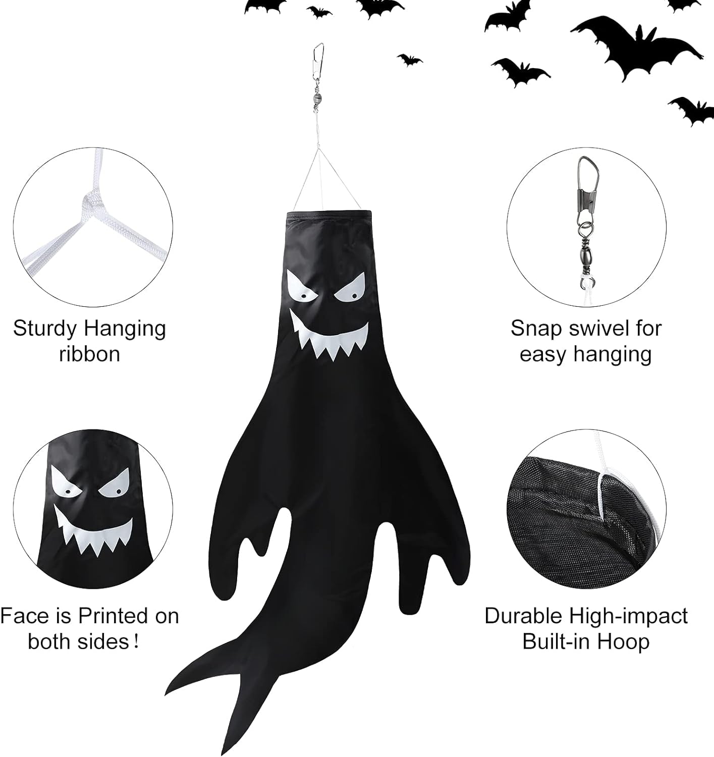 4 Pieces 43 Inch 18 Inch Halloween Ghost Decorations Halloween Ghost Windsocks Halloween Decorations for Home Halloween Decor Halloween Decorations outside for Party Supplies (Black Background)