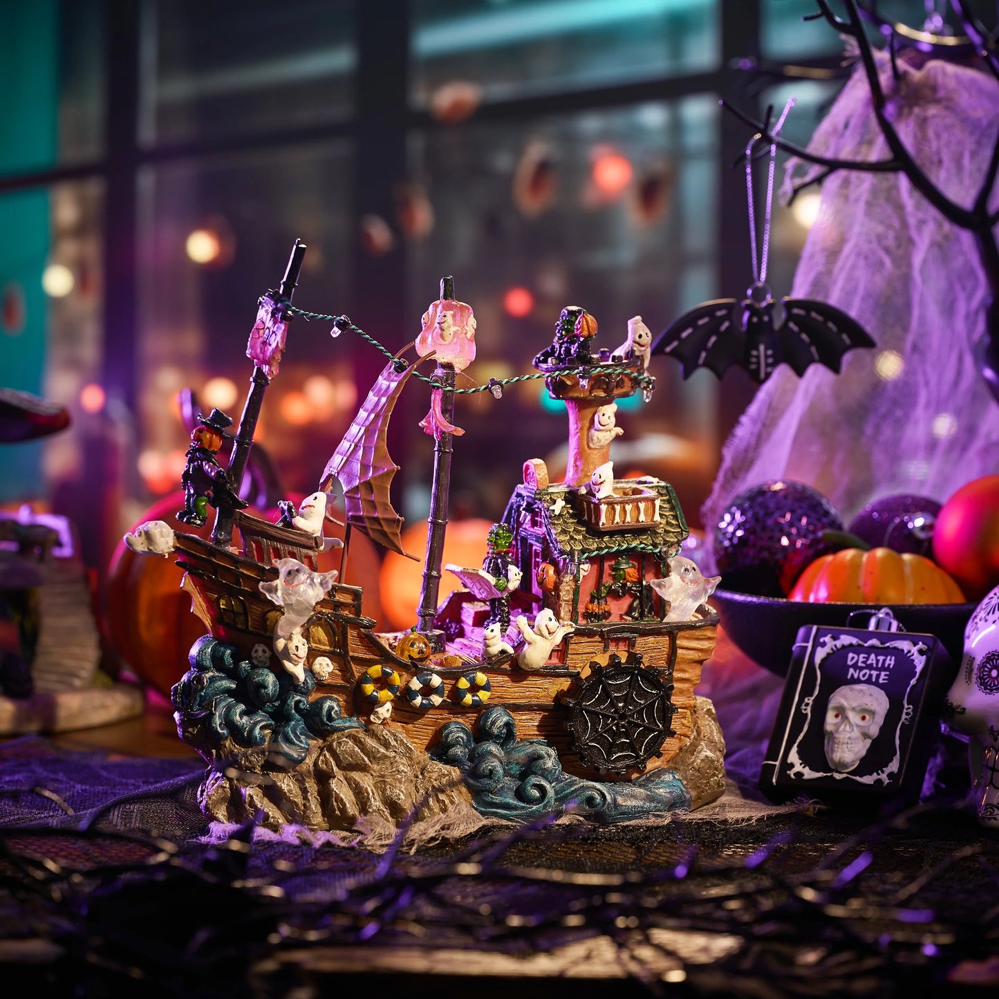 8.86 Inches Lighted Spooky Halloween Pirate Ship Figurine Halloween Haunted House with Ghosts, Pumpkins, Witch and Music, Halloween Village for Party Decor