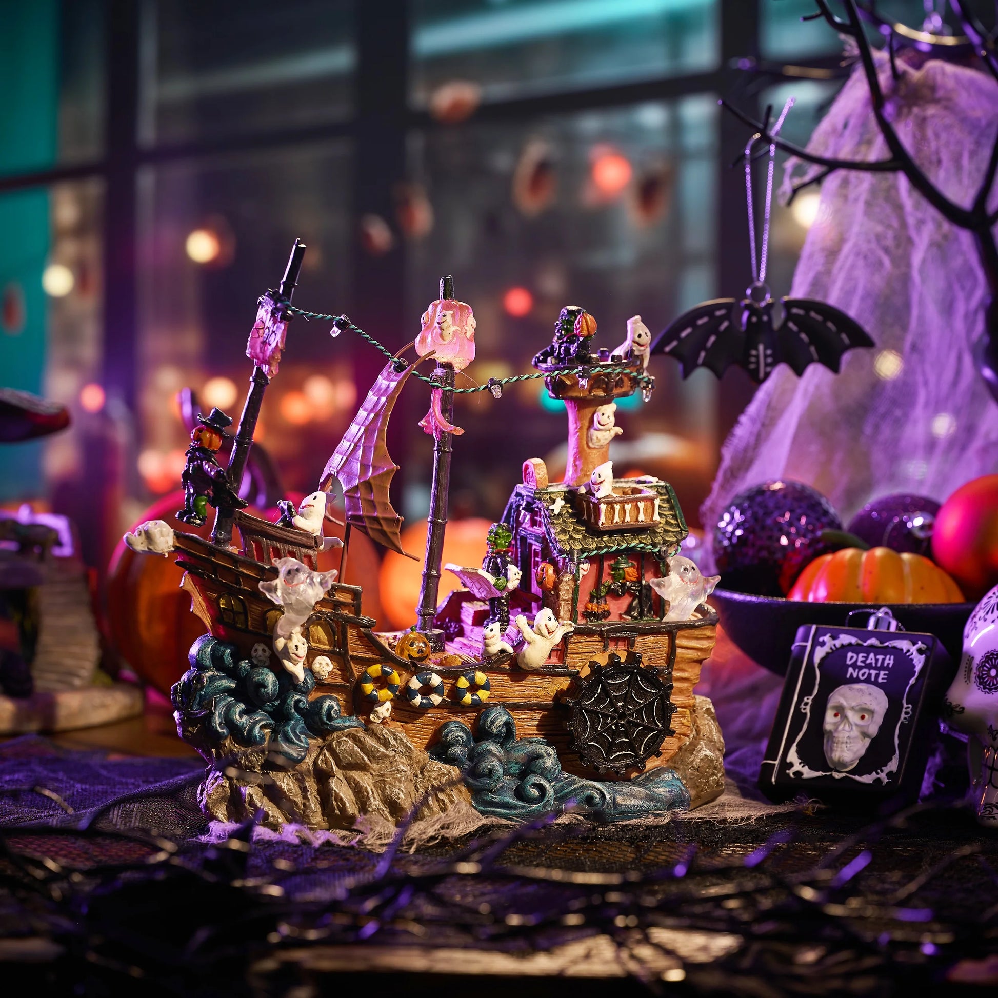 8.86 Inches Lighted Spooky Halloween Pirate Ship Figurine Halloween Haunted House with Ghosts, Pumpkins, Witch and Music, Halloween Village for Party Decor