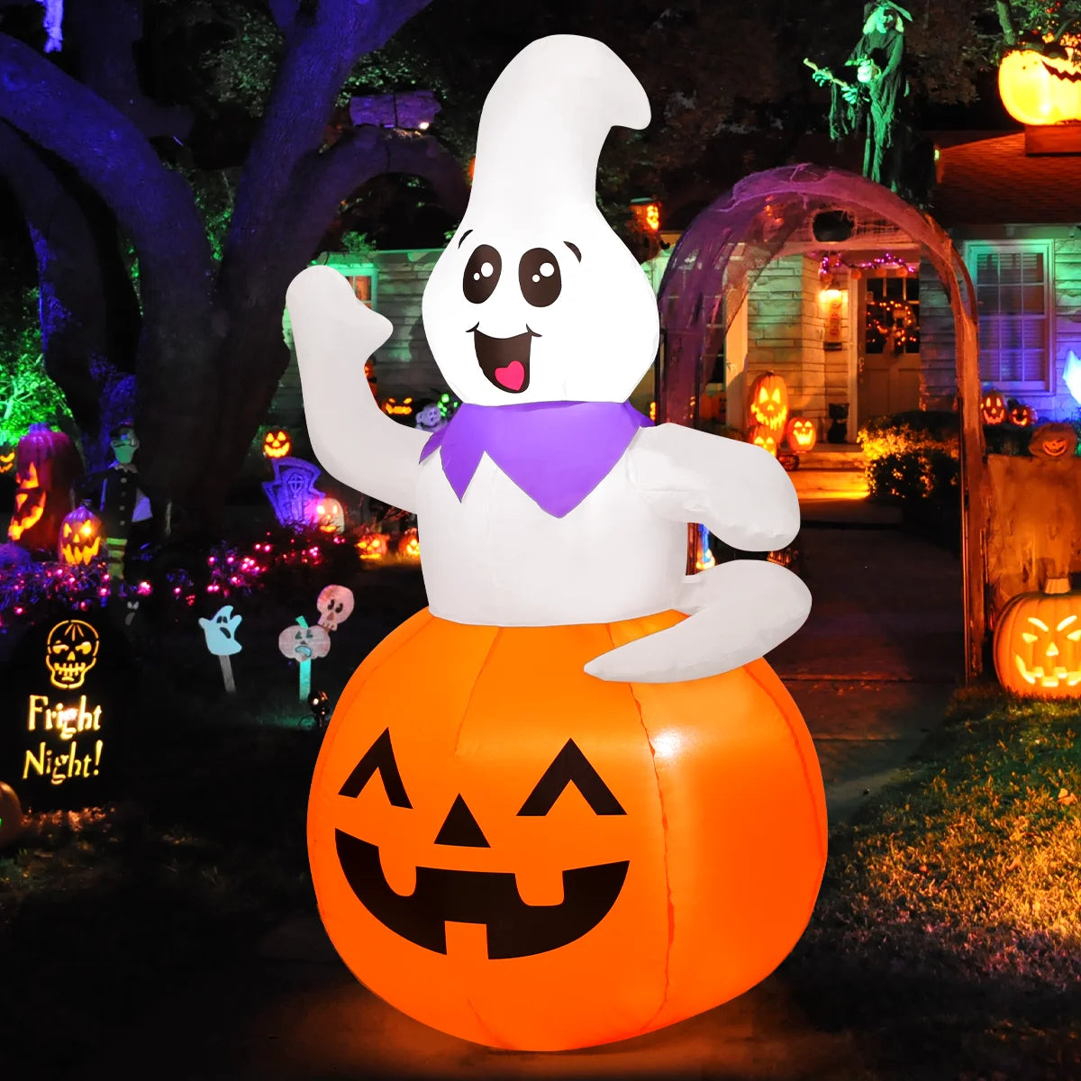Halloween Inflatable 5 FT Pumpkin Ghost Inflatable, Cute Ghost Pumpkin Inflatable Halloween Blow up Decorations with LED Lights, Outdoor Halloween Decorations Clearance for Halloween/Holiday