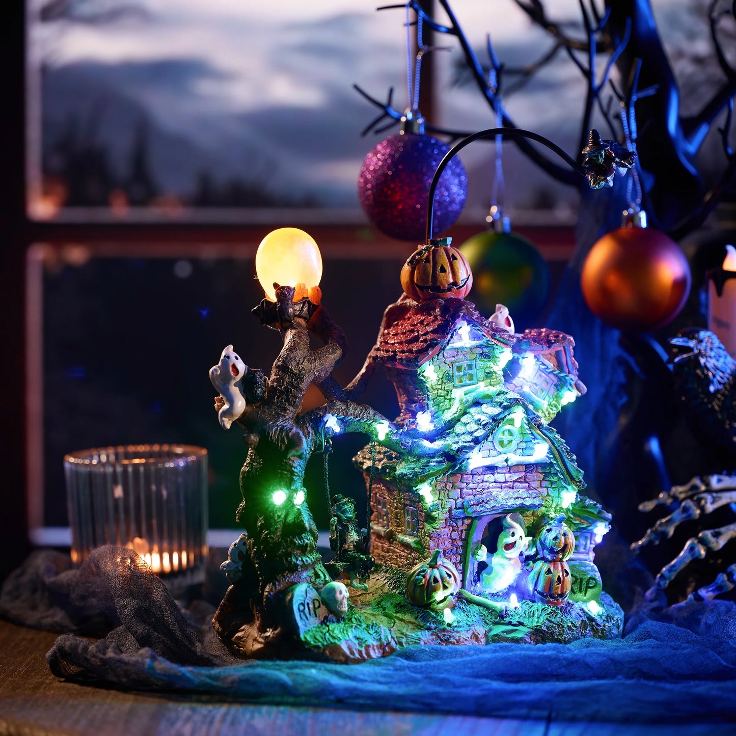 8.86 Inches Lighted Spooky Halloween Pirate Ship Figurine Halloween Haunted House with Ghosts, Pumpkins, Witch and Music, Halloween Village for Party Decor