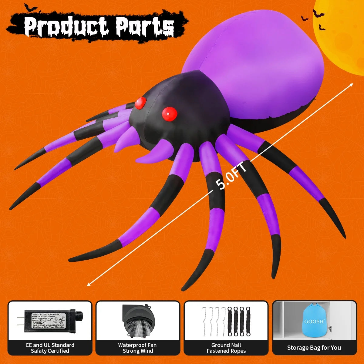 Giant 5 FT Inflatable Halloween Spider with LED Lights – Perfect for Spooky Outdoor Decor!