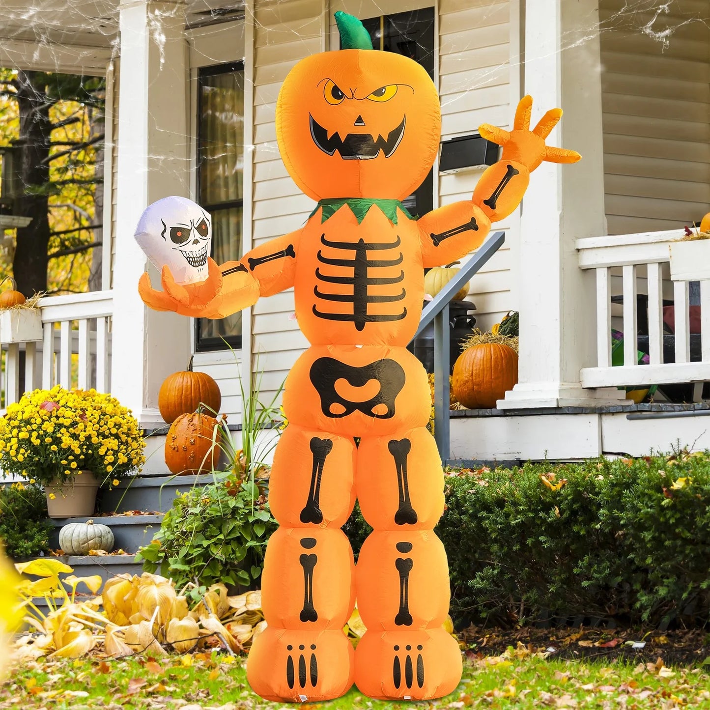 8' Halloween Inflatable Skeleton Pumpkin Decorations, Blow up Decor with Leds Outdoor