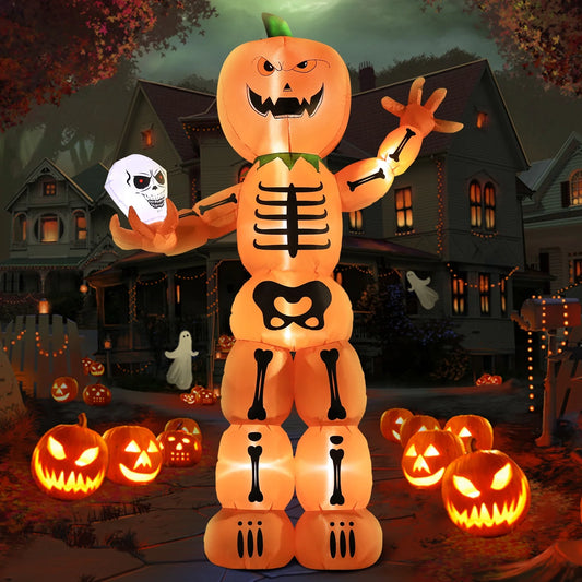 8' Halloween Inflatable Skeleton Pumpkin Decorations, Blow up Decor with Leds Outdoor