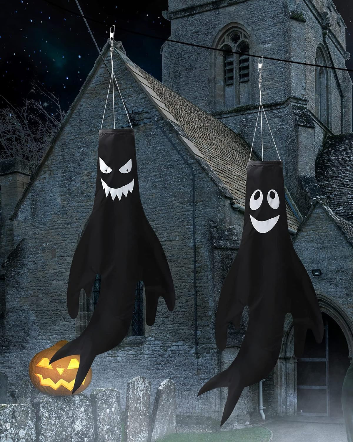 4 Pieces 43 Inch 18 Inch Halloween Ghost Decorations Halloween Ghost Windsocks Halloween Decorations for Home Halloween Decor Halloween Decorations outside for Party Supplies (Black Background)