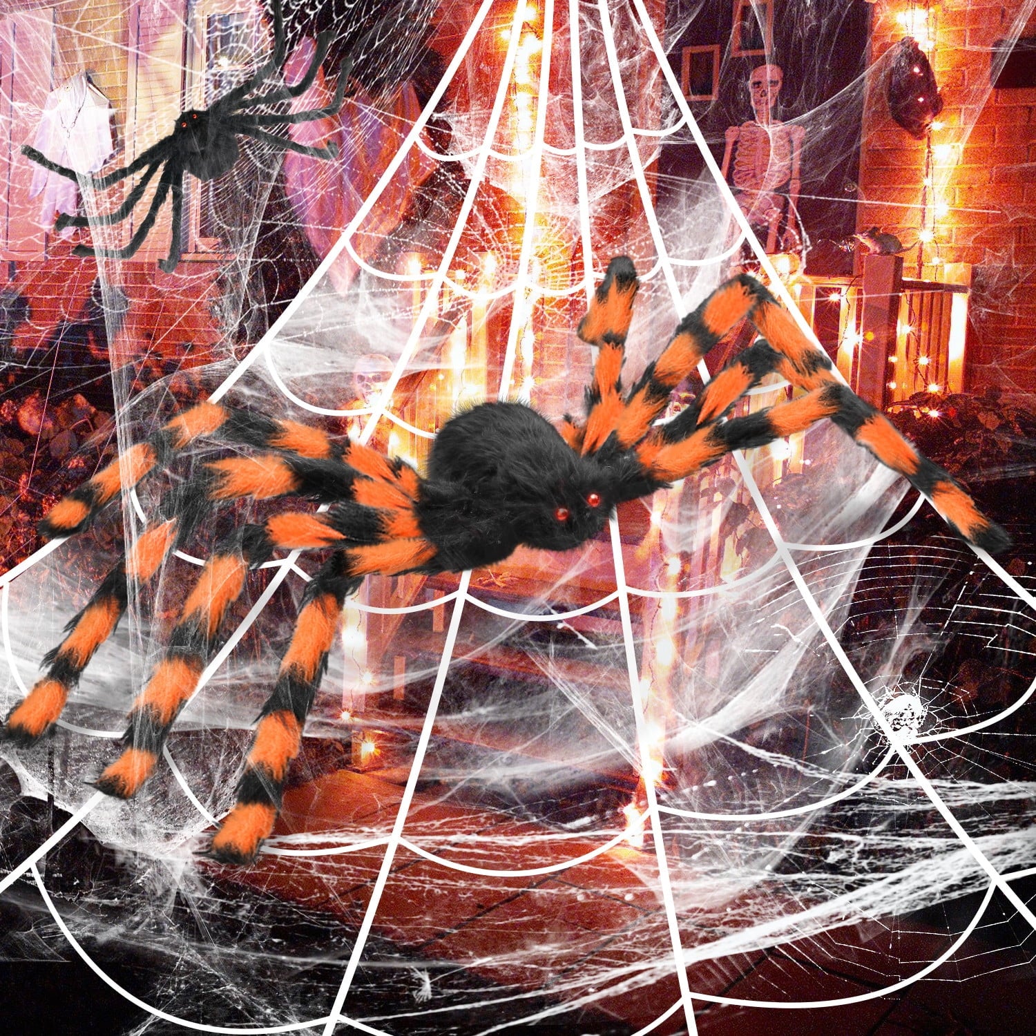 11.8Ft Halloween 144 LED Purple Spider Web Lights with 35" Giant Spider Light up Cobweb Halloween Decorations for Indoor Ourdoor Garden Yard Home Patio (Orange, 1Pc)