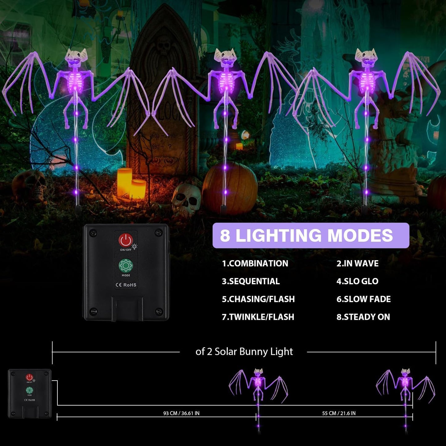 Illuminate Your Halloween with Solar 3D Scary Bat Garden Lights - Set of 2!