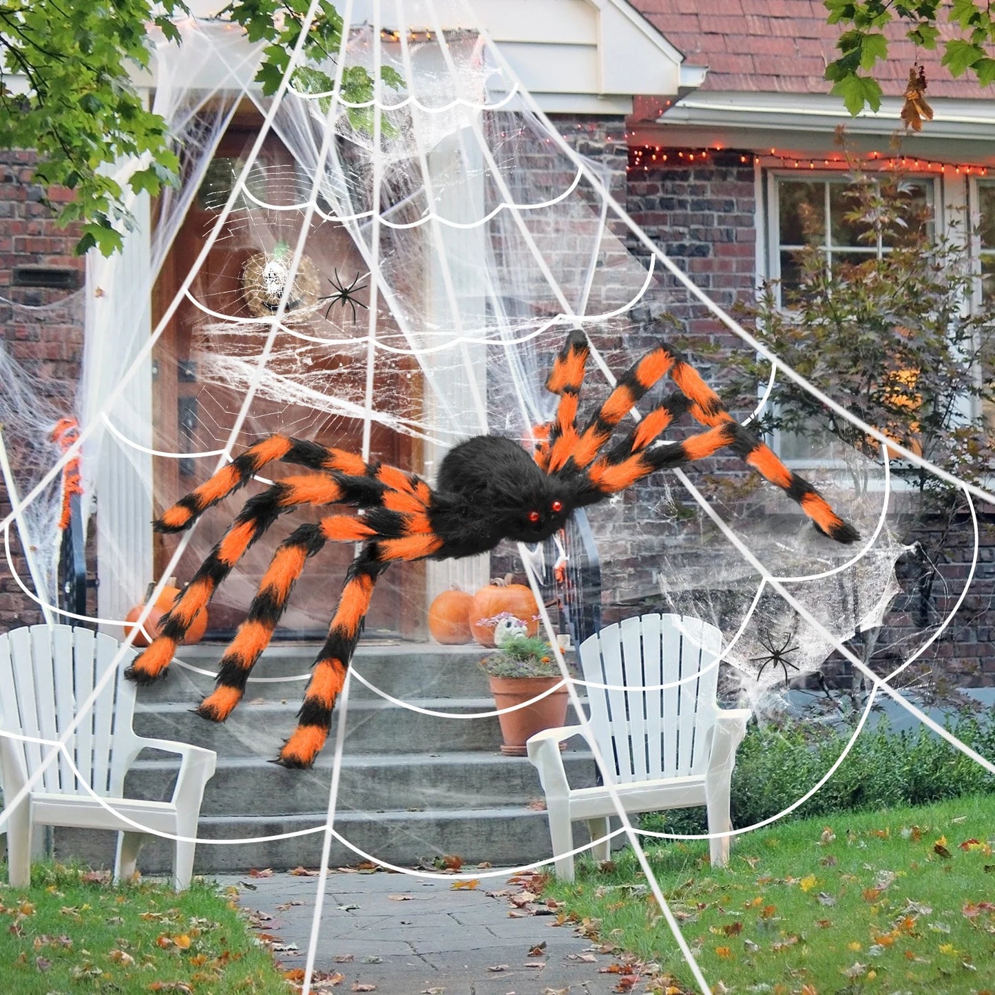11.8Ft Halloween 144 LED Purple Spider Web Lights with 35" Giant Spider Light up Cobweb Halloween Decorations for Indoor Ourdoor Garden Yard Home Patio (Orange, 1Pc)