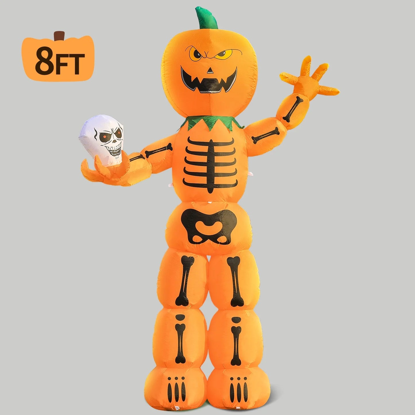 8' Halloween Inflatable Skeleton Pumpkin Decorations, Blow up Decor with Leds Outdoor