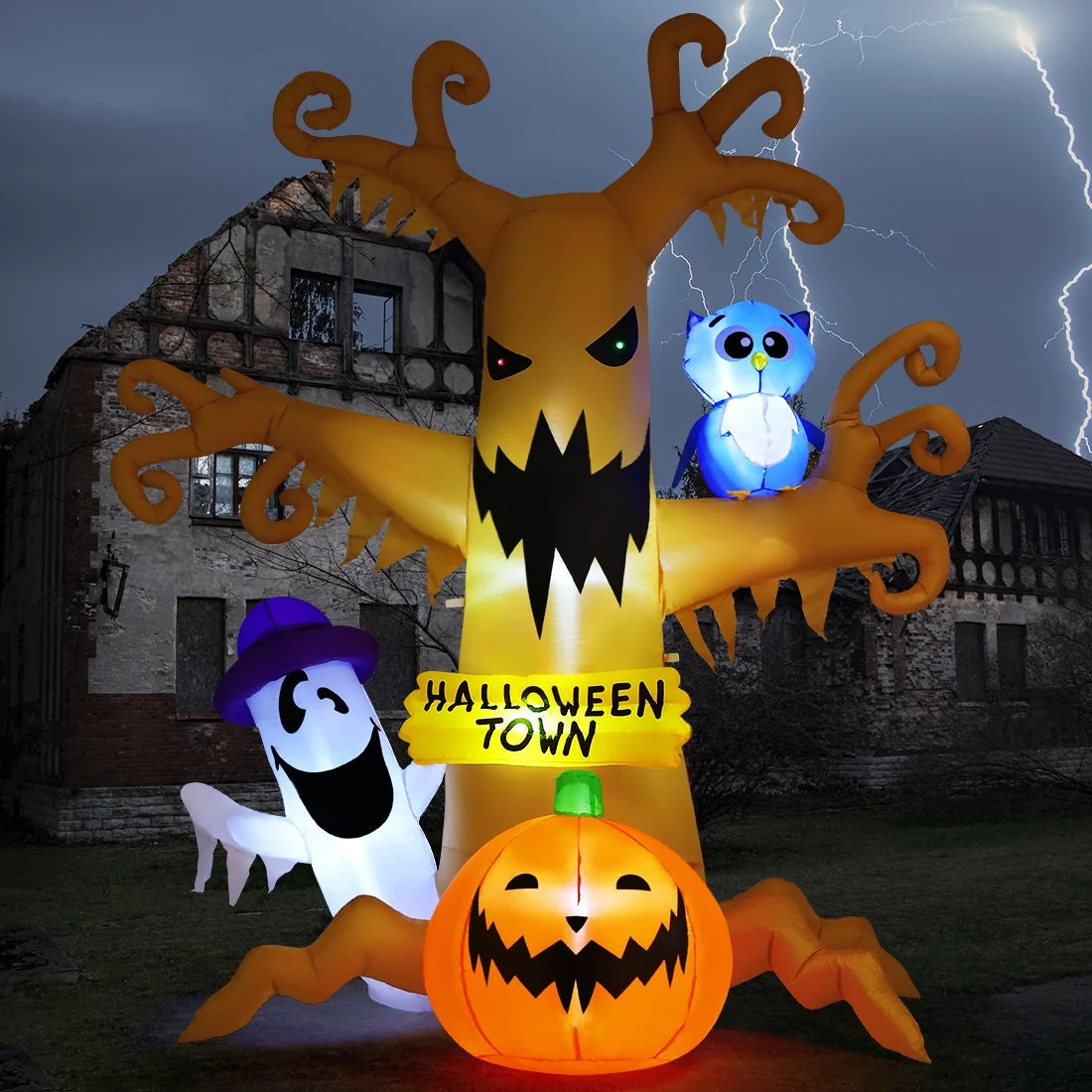 Halloween Inflatables 8 FT Halloween Inflatable Tree with Ghost Pumpkin and Owl, Halloween Dead Tree Decorations Scary Halloween Decorations with Built-In Lights for Halloween/Holiday/Party