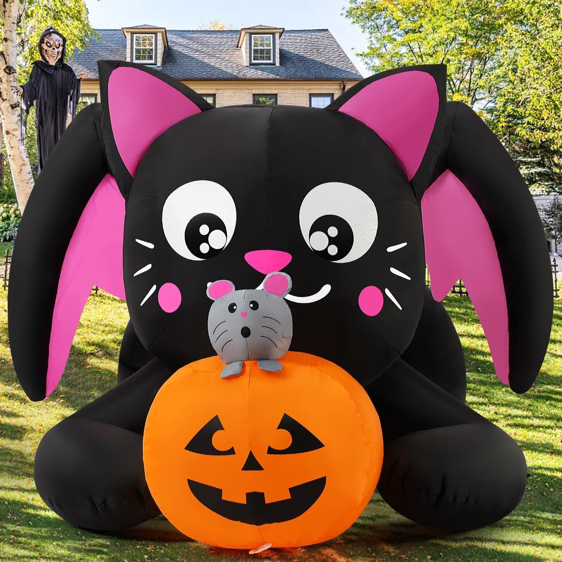 5 FT Halloween Inflatable Cat and Pumpkin with LED for Outdoor Decor
