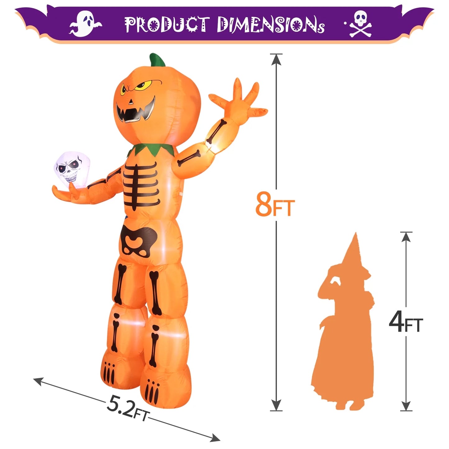 8' Halloween Inflatable Skeleton Pumpkin Decorations, Blow up Decor with Leds Outdoor