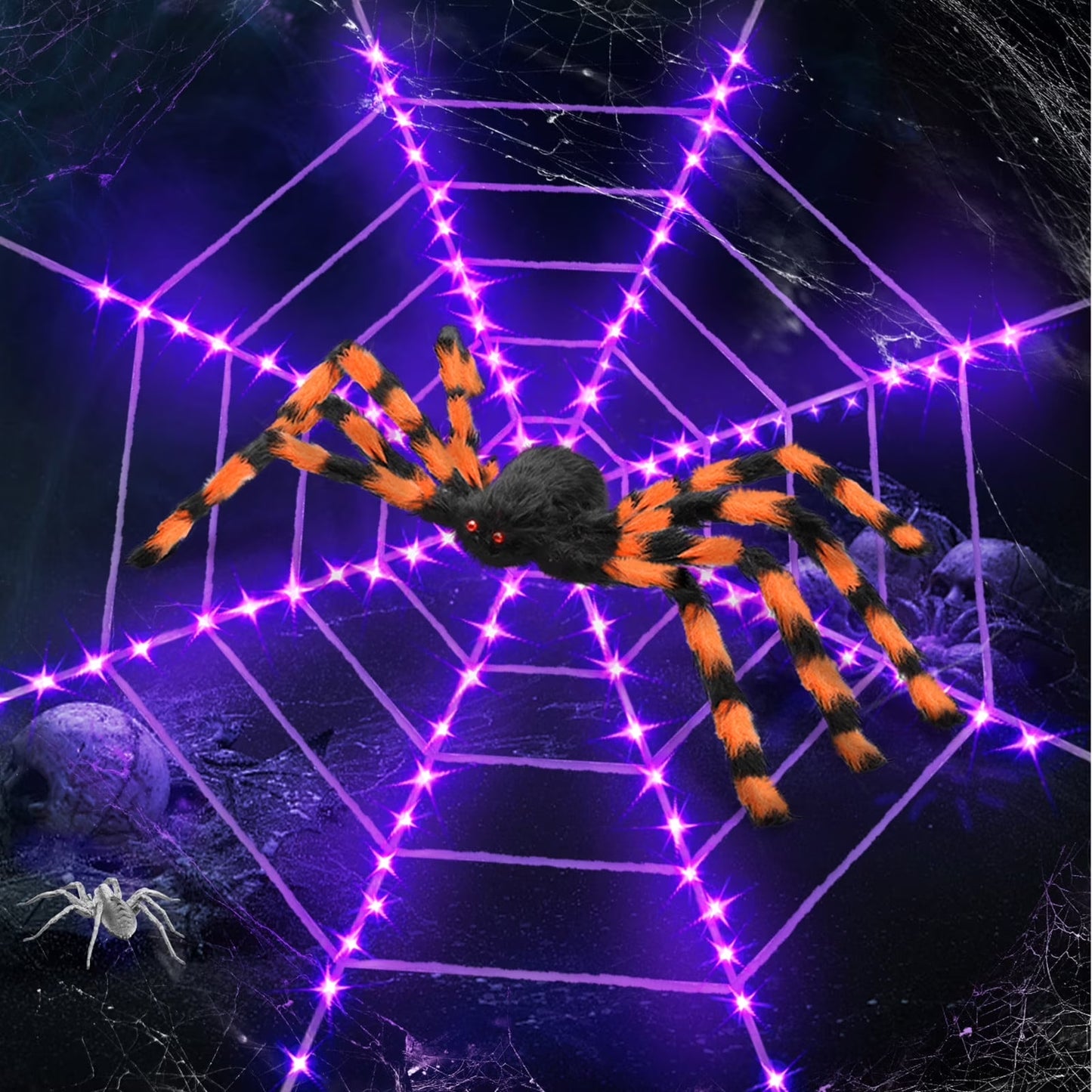 11.8Ft Halloween 144 LED Purple Spider Web Lights with 35" Giant Spider Light up Cobweb Halloween Decorations for Indoor Ourdoor Garden Yard Home Patio (Orange, 1Pc)