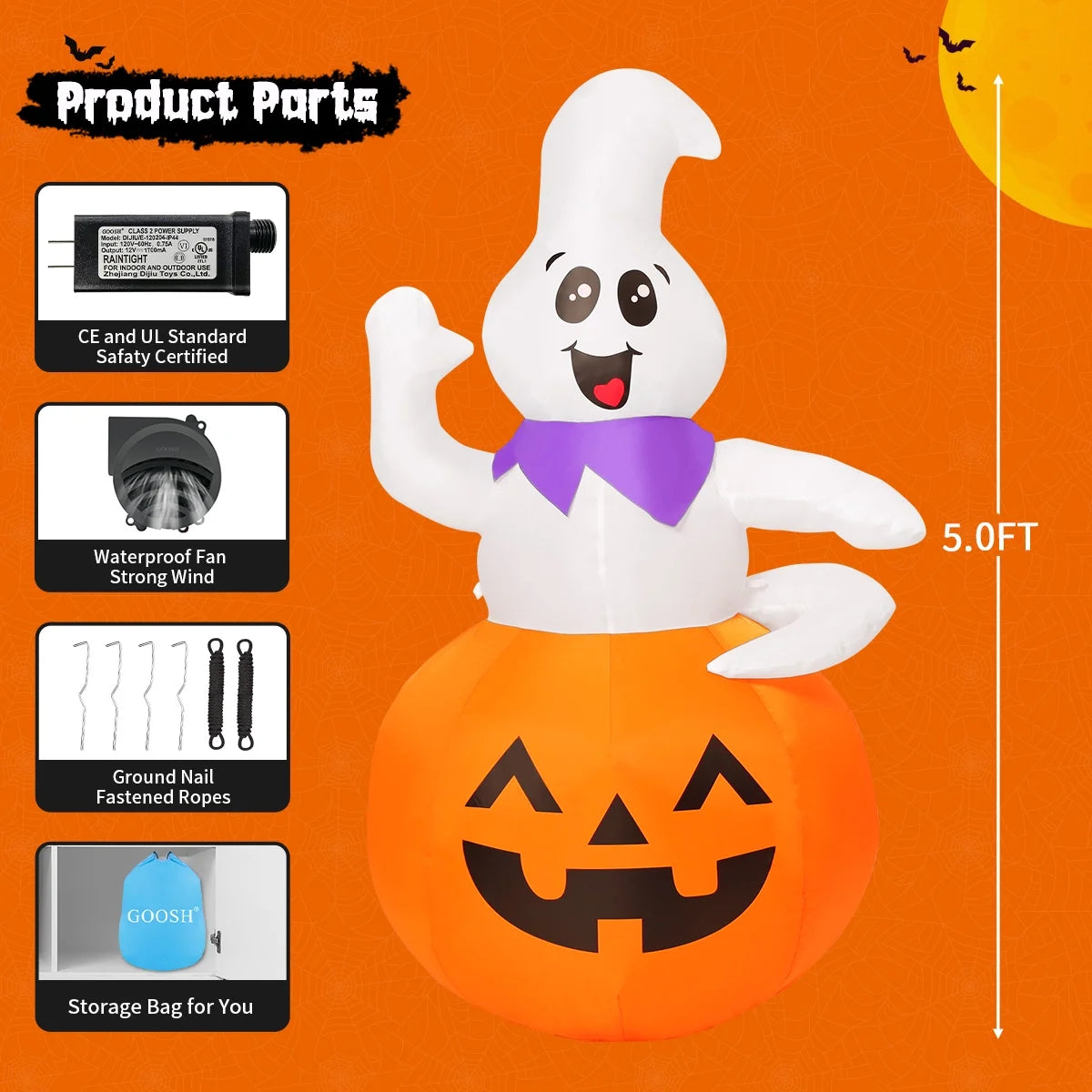 Halloween Inflatable 5 FT Pumpkin Ghost Inflatable, Cute Ghost Pumpkin Inflatable Halloween Blow up Decorations with LED Lights, Outdoor Halloween Decorations Clearance for Halloween/Holiday