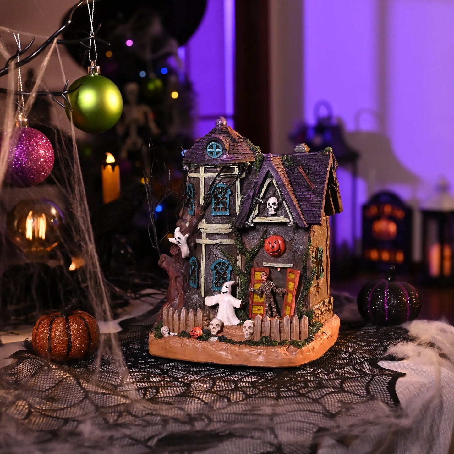 10.24 Inches Musical Halloween Village Colorful Lighted Halloween House with Mummies Ghosts & Haunted Tree for Indoor Fireplace Hallways