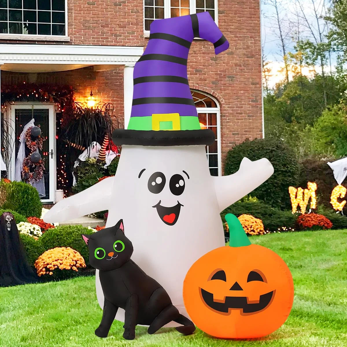 Halloween Inflatables 5 FT Halloween Ghost Inflatable with LED Lights, Cute Ghost Blow up with Wizard Hat Pumpkin Black Cat, Outdoor Halloween Decorations for Halloween Holiday Indoor Outdoor