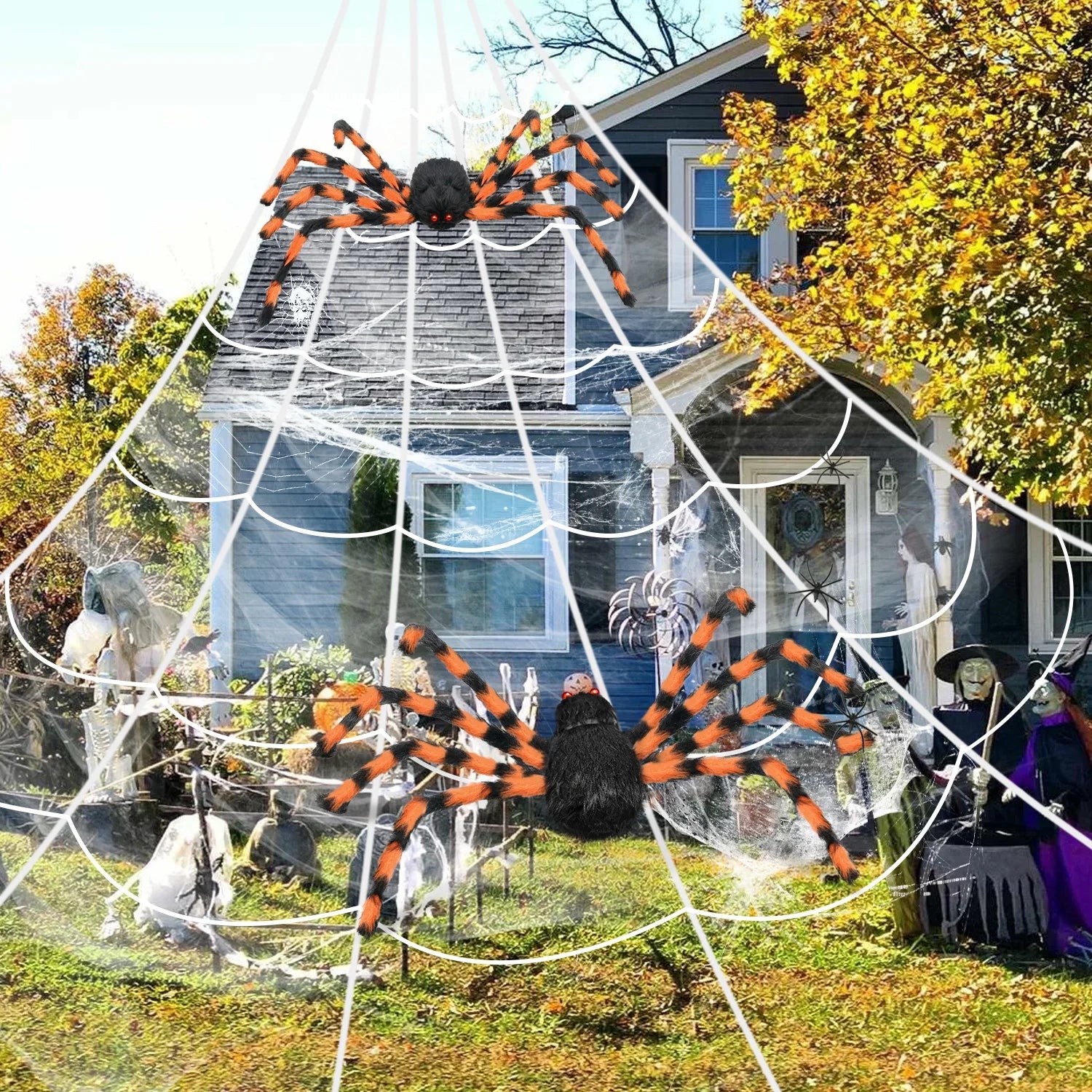 11.8Ft Halloween 144 LED Purple Spider Web Lights with 35" Giant Spider Light up Cobweb Halloween Decorations for Indoor Ourdoor Garden Yard Home Patio (Orange, 1Pc)