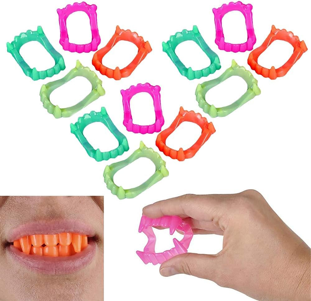 Halloween Teeth Neon Fangs Teeth, Costume, Funny Halloween Dress-Up, Pretend Play Decoration (12-Pack)
