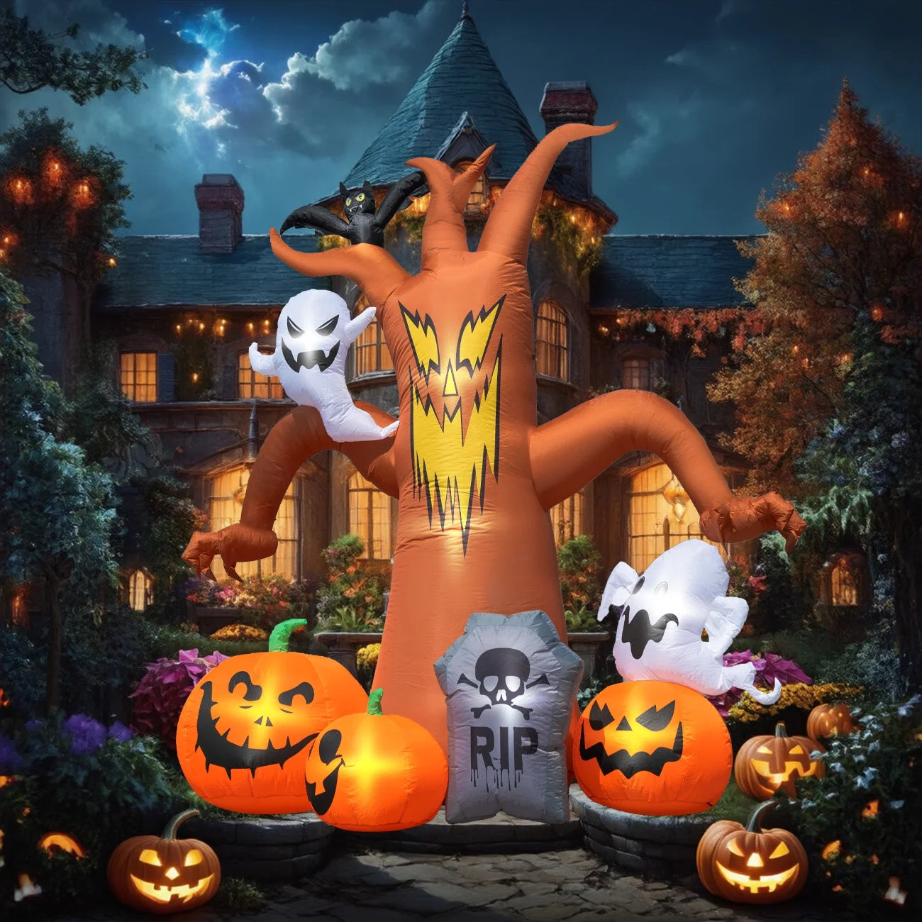 8Ft LED Halloween Inflatable Dead Tree with Pumpkin & Ghost - Perfect Outdoor Decoration for Spooky Season!