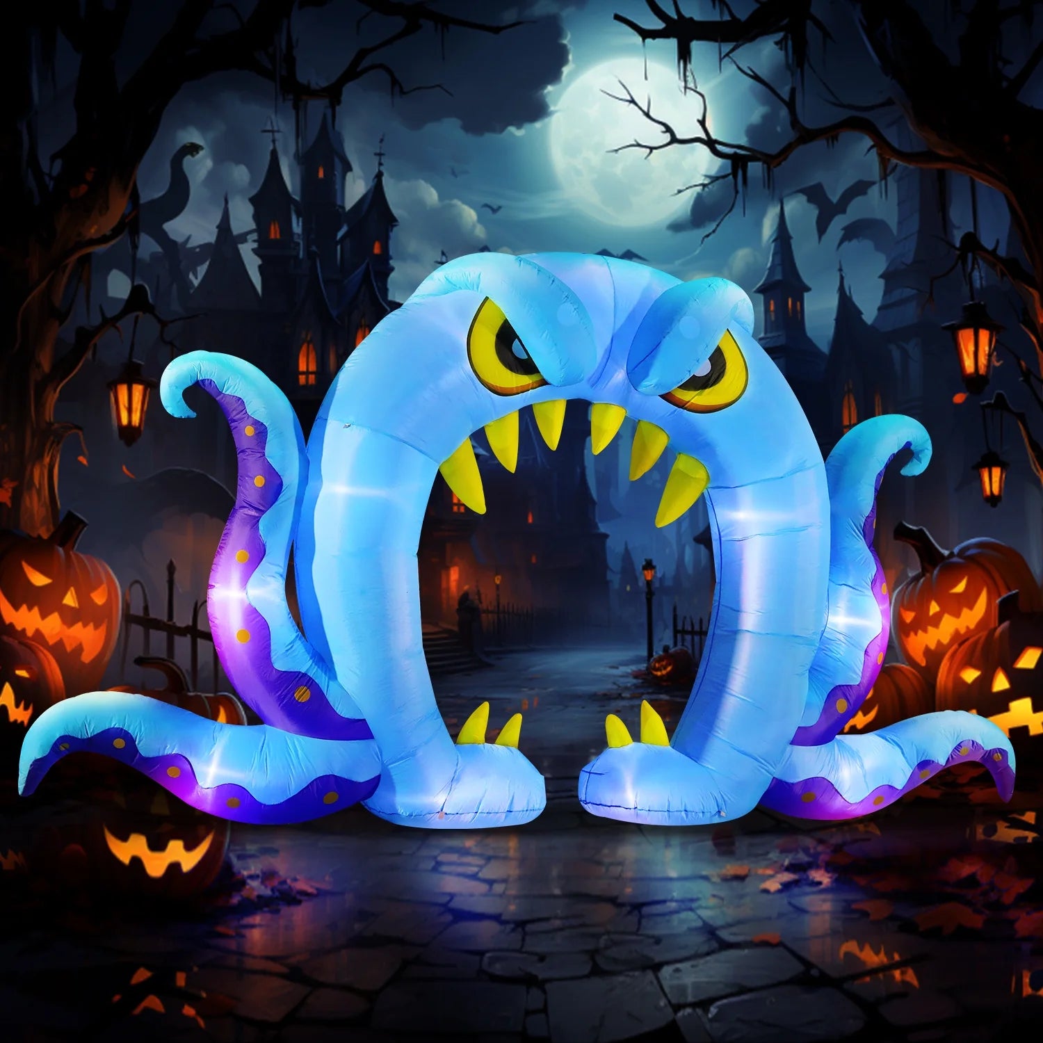 Halloween Inflatable Decorations, Blow up Archway Octopus Tentacles Blue Decor, Day of Dead Build-In Leds
