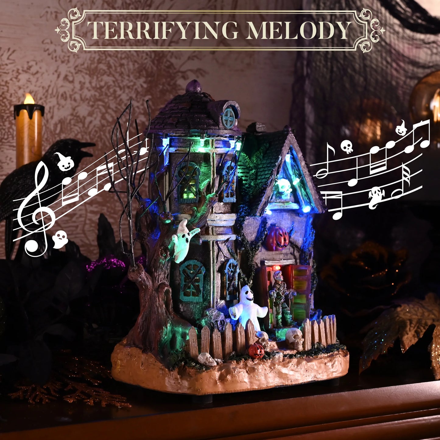 10.24 Inches Musical Halloween Village Colorful Lighted Halloween House with Mummies Ghosts & Haunted Tree for Indoor Fireplace Hallways