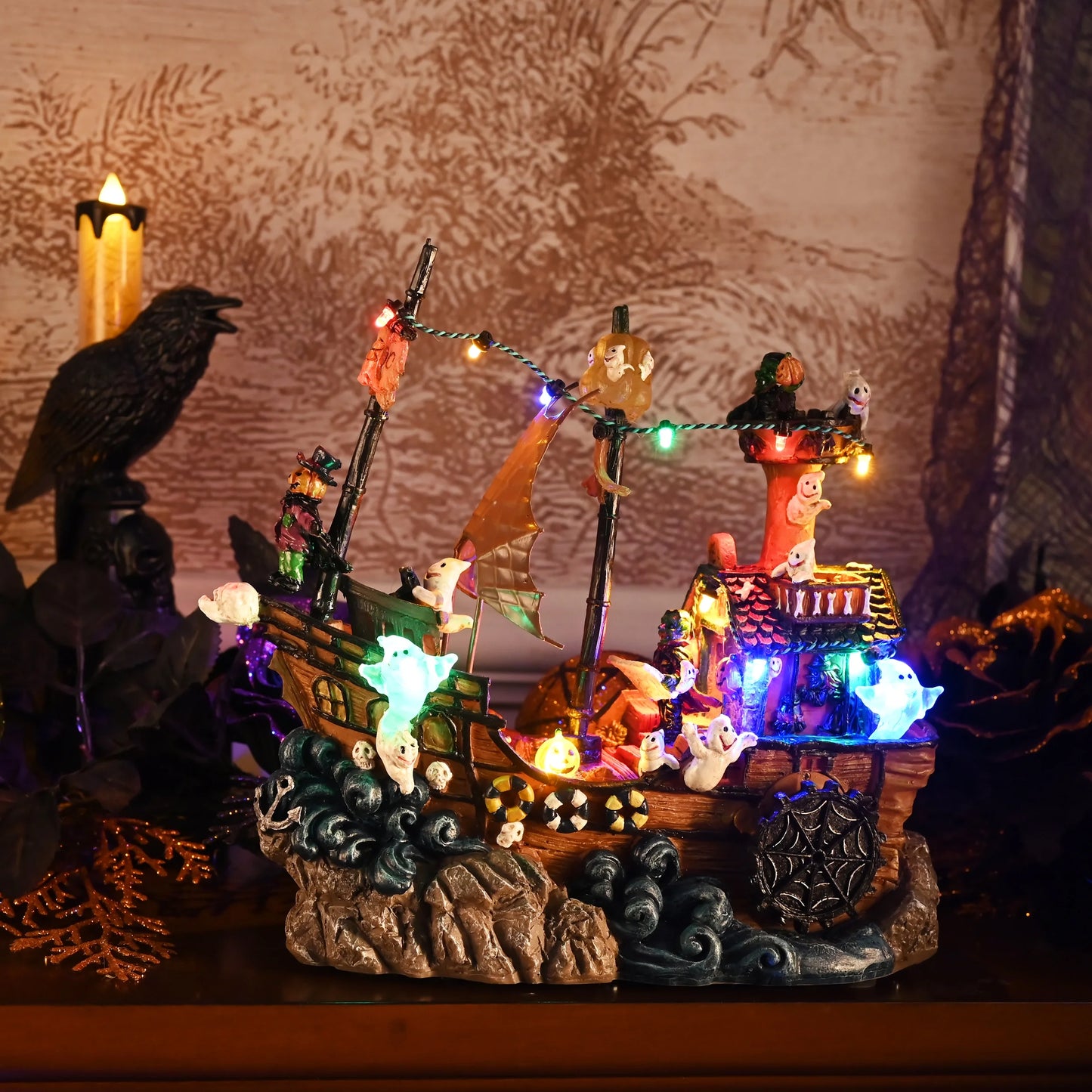 8.86 Inches Lighted Spooky Halloween Pirate Ship Figurine Halloween Haunted House with Ghosts, Pumpkins, Witch and Music, Halloween Village for Party Decor