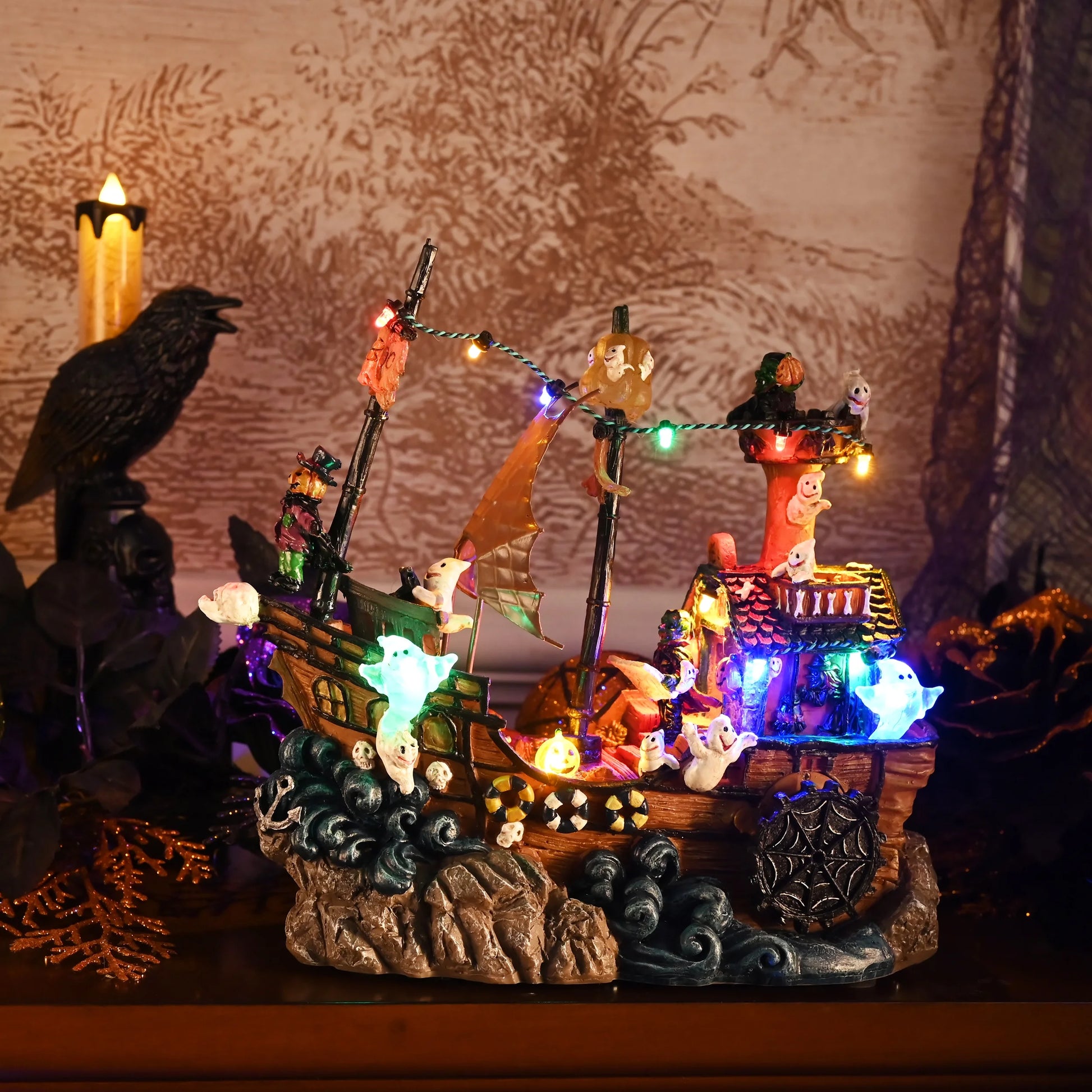 8.86 Inches Lighted Spooky Halloween Pirate Ship Figurine Halloween Haunted House with Ghosts, Pumpkins, Witch and Music, Halloween Village for Party Decor