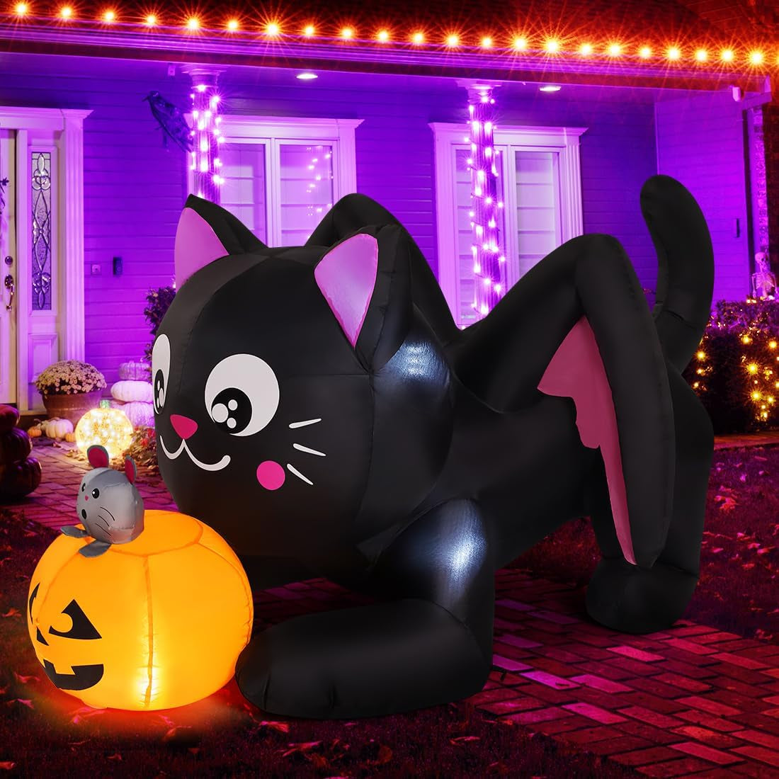 5 FT Halloween Inflatable Cat and Pumpkin with LED for Outdoor Decor