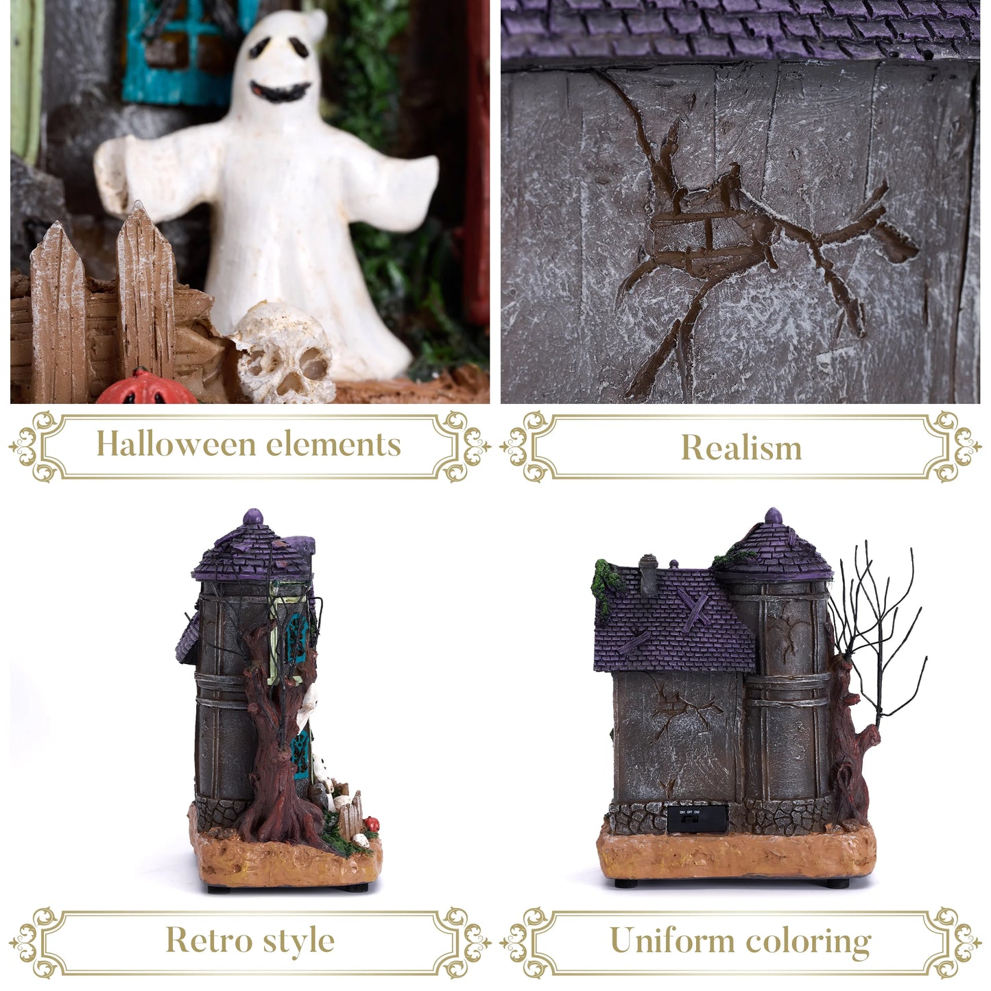 10.24 Inches Musical Halloween Village Colorful Lighted Halloween House with Mummies Ghosts & Haunted Tree for Indoor Fireplace Hallways