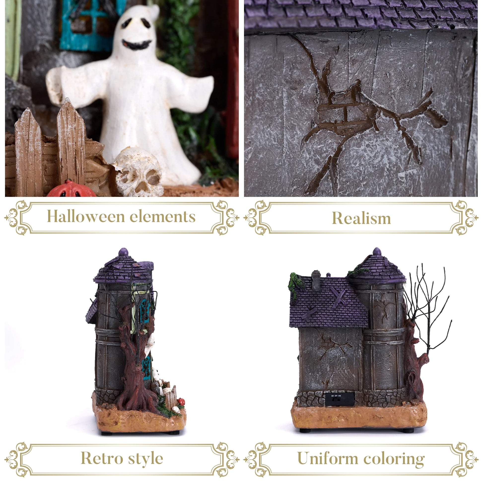 10.24 Inches Musical Halloween Village Colorful Lighted Halloween House with Mummies Ghosts & Haunted Tree for Indoor Fireplace Hallways