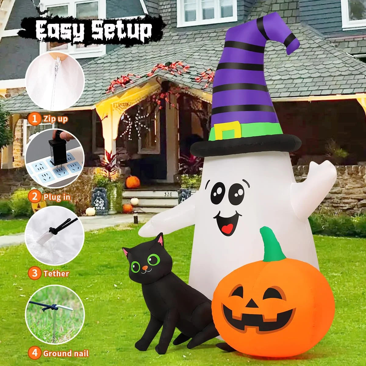 Halloween Inflatables 5 FT Halloween Ghost Inflatable with LED Lights, Cute Ghost Blow up with Wizard Hat Pumpkin Black Cat, Outdoor Halloween Decorations for Halloween Holiday Indoor Outdoor