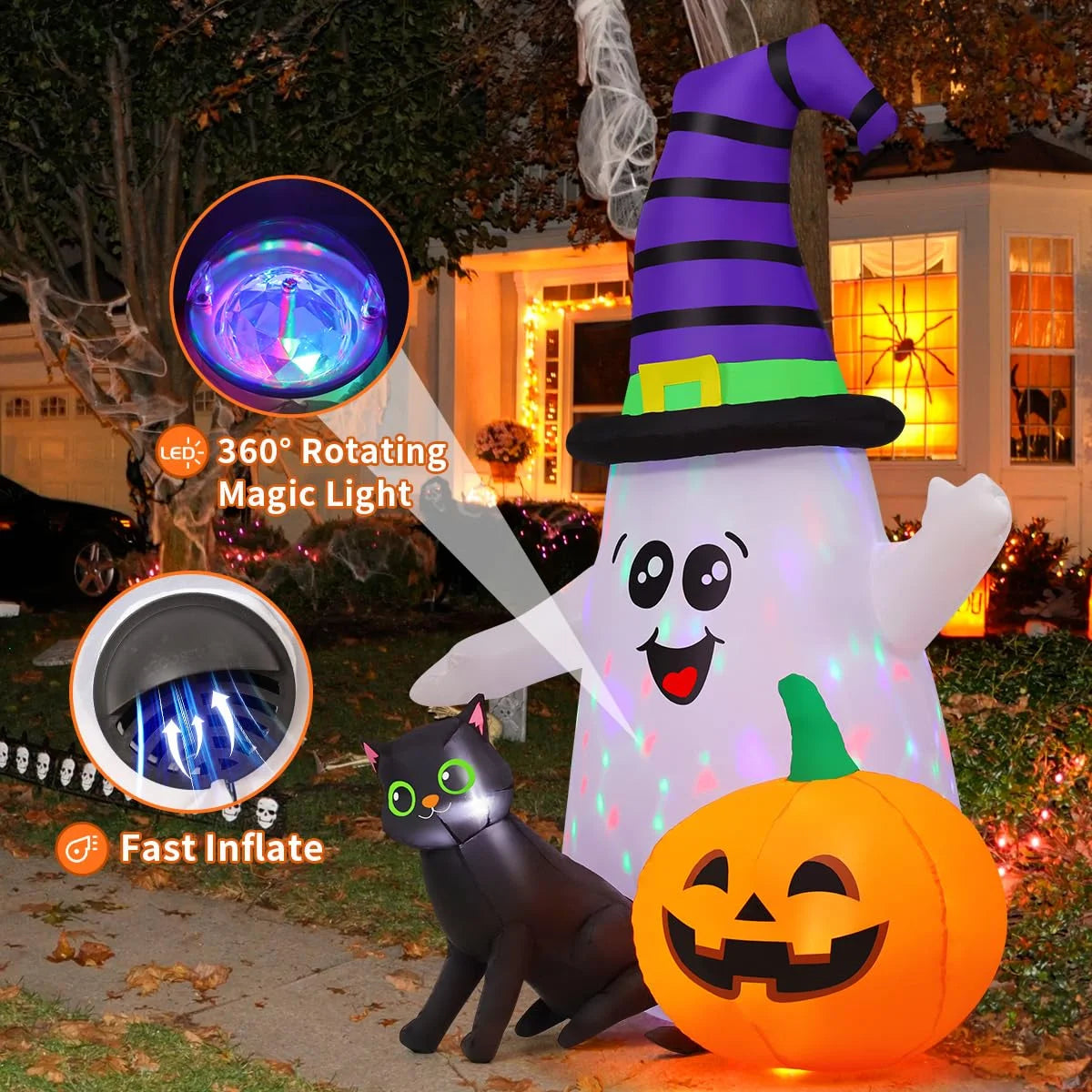 Halloween Inflatables 5 FT Halloween Ghost Inflatable with LED Lights, Cute Ghost Blow up with Wizard Hat Pumpkin Black Cat, Outdoor Halloween Decorations for Halloween Holiday Indoor Outdoor