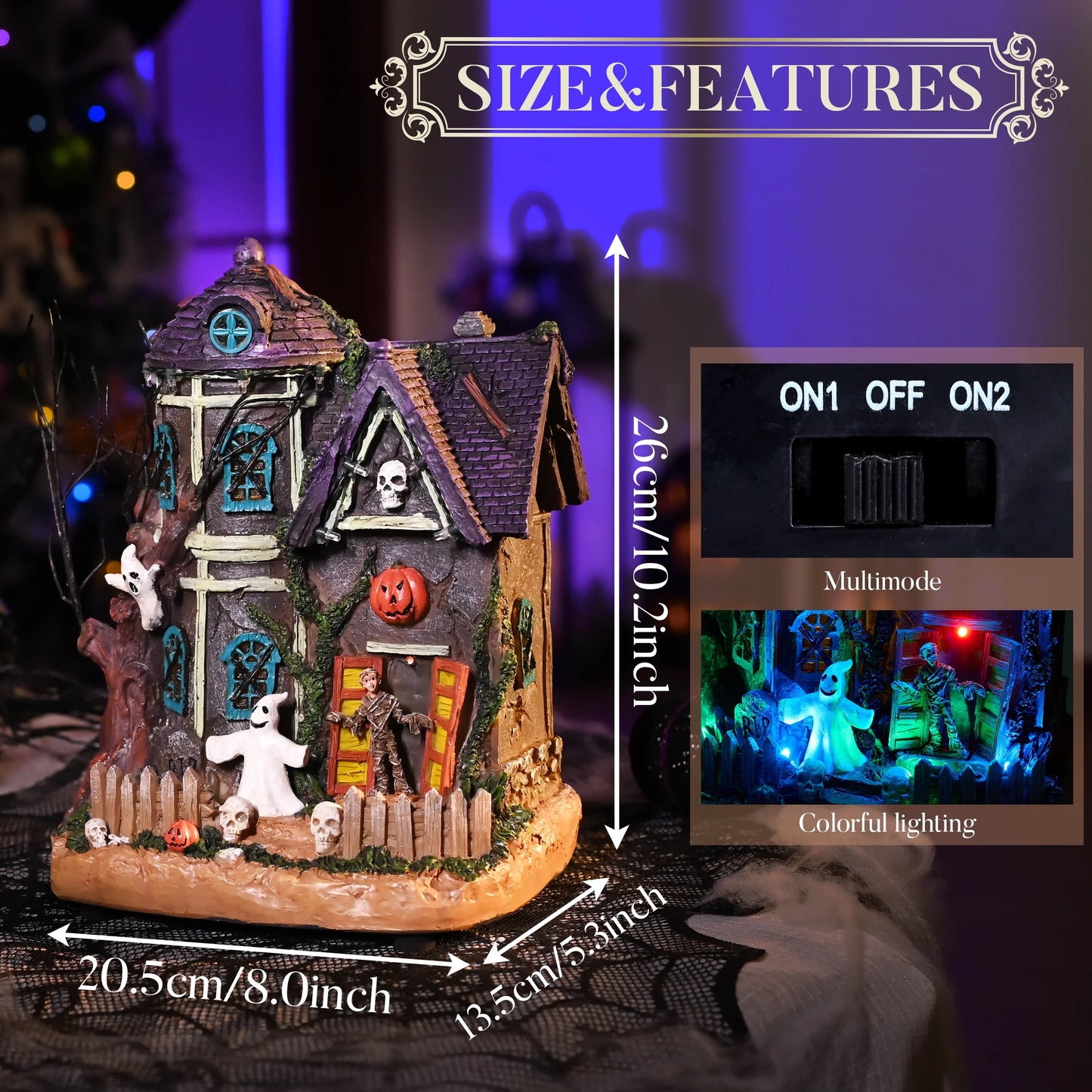 10.24 Inches Musical Halloween Village Colorful Lighted Halloween House with Mummies Ghosts & Haunted Tree for Indoor Fireplace Hallways