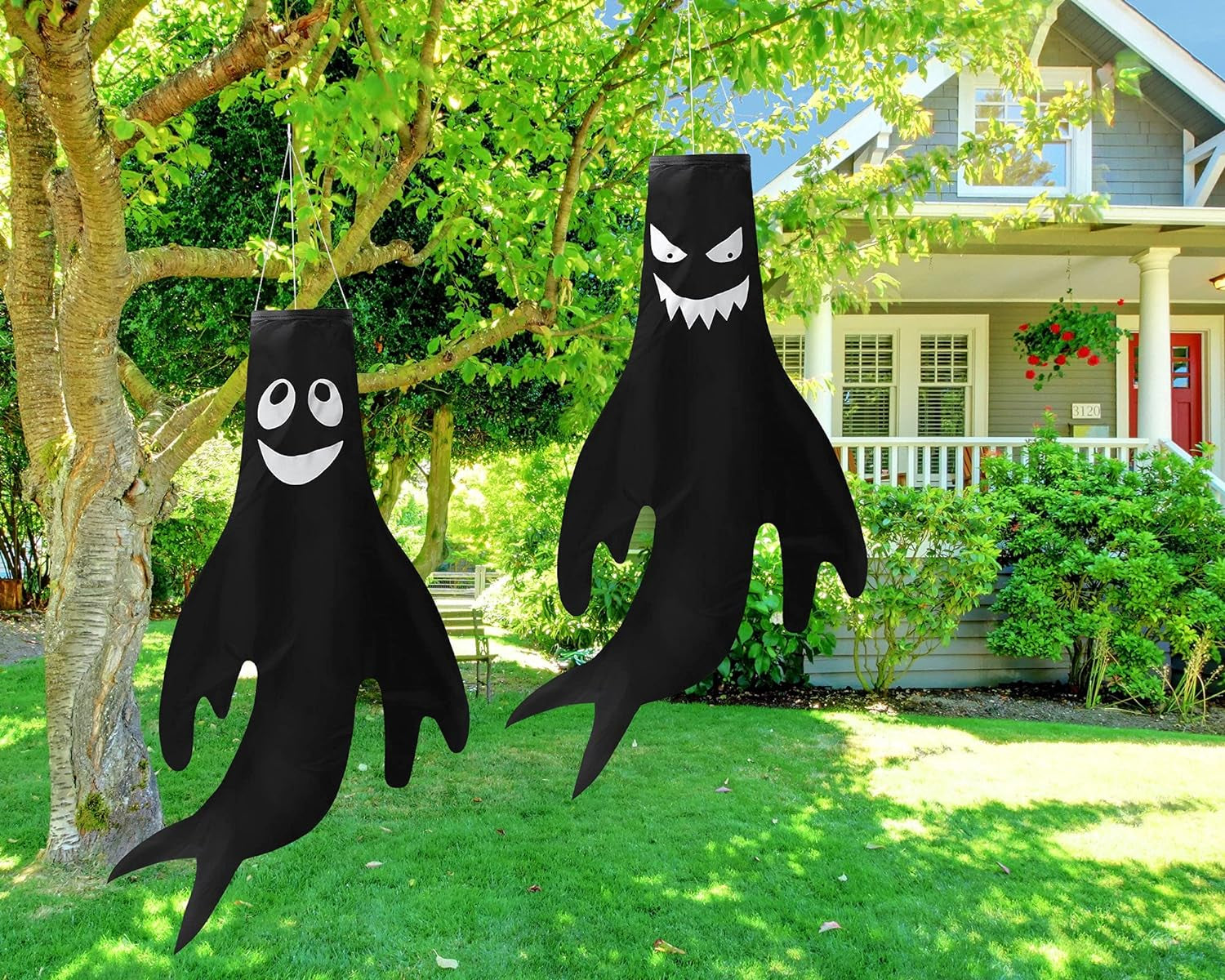 4 Pieces 43 Inch 18 Inch Halloween Ghost Decorations Halloween Ghost Windsocks Halloween Decorations for Home Halloween Decor Halloween Decorations outside for Party Supplies (Black Background)